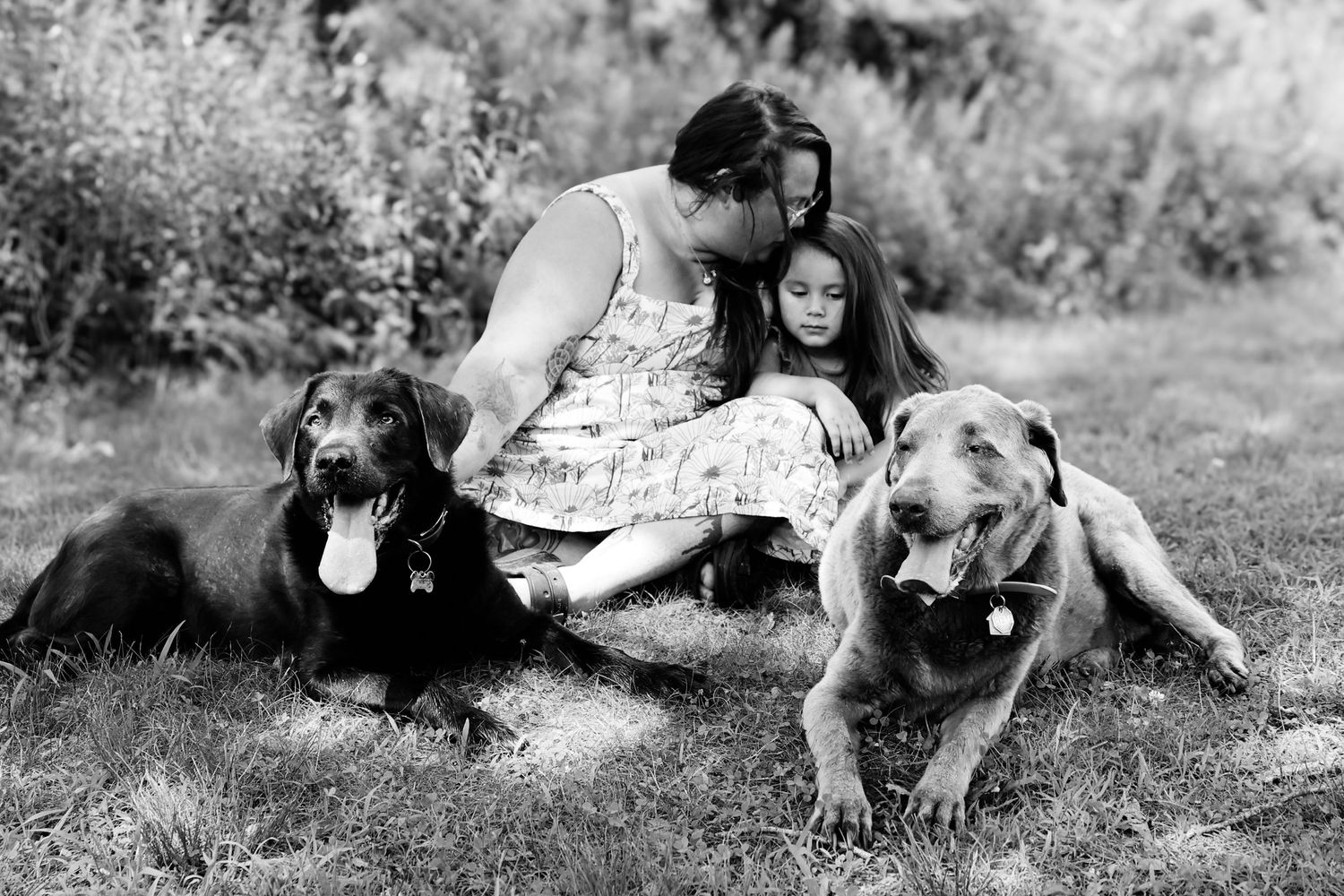 A series of black and white photographs showing people relaxing outdoors with their dogs in casual settings.
