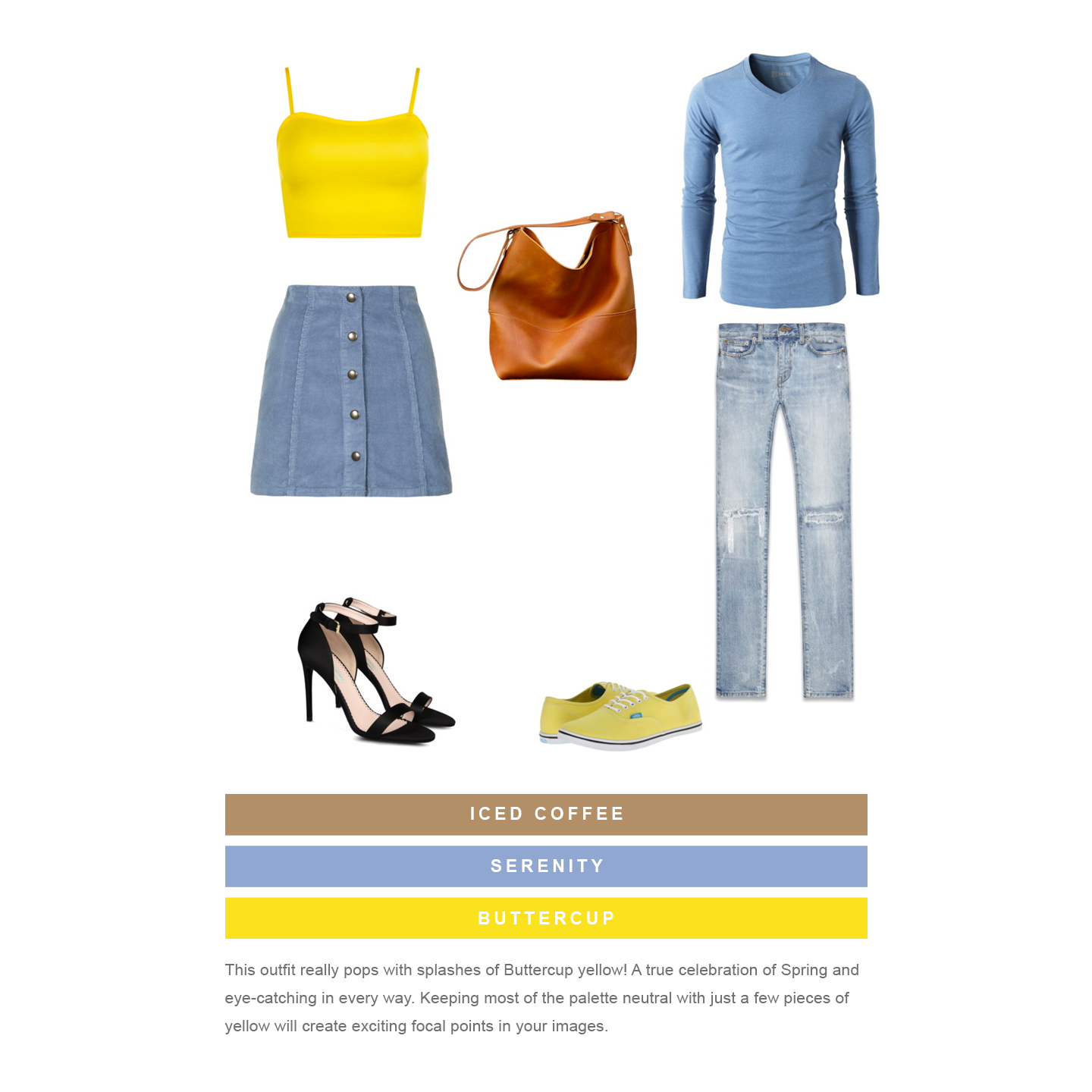 Summer outfit pairing with yellow crop top, denim skirt, leather bag and contrasting footwear options.