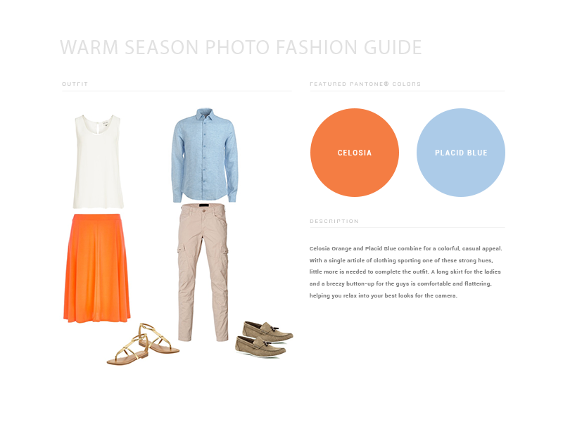 Warm season fashion guide showing orange and blue color palette with casual clothing outfit combinations.