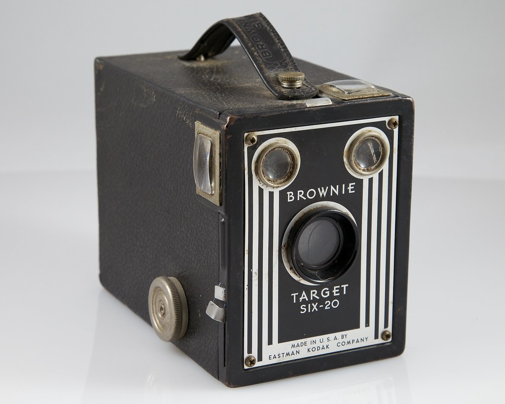 Classic Brownie Target Six-20 vintage box camera from multiple angles, showing its black metal body and art deco styling.