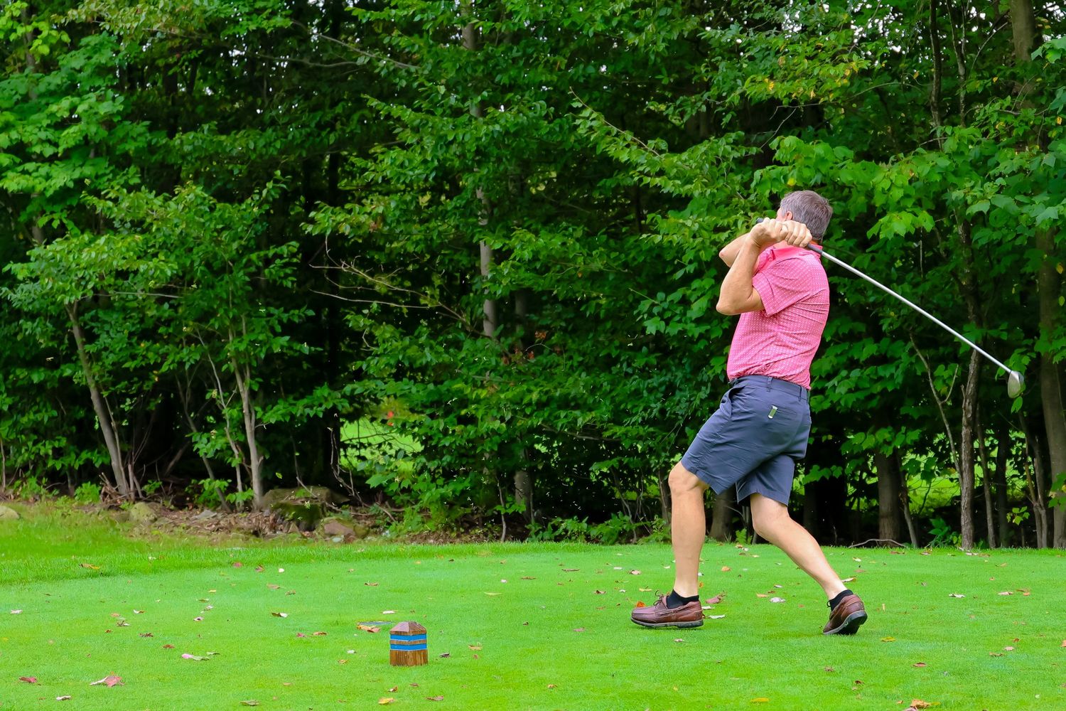 A sequence of golf swing motion captured in four consecutive frames shows the follow-through technique on a green course.