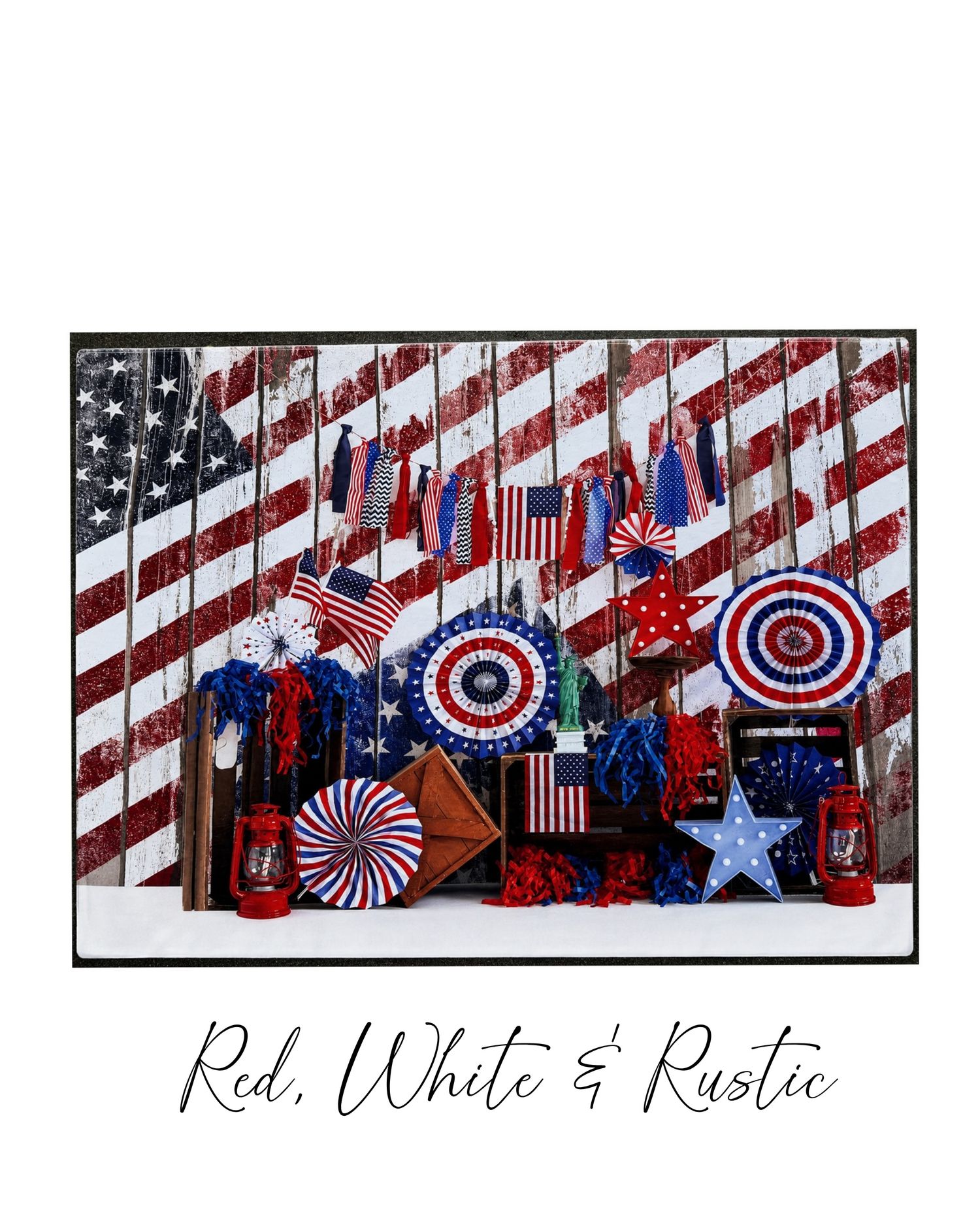 Red, White & Rustic patriotic decor with American flags, pinwheels, and stars on a rustic wooden flag backdrop.
