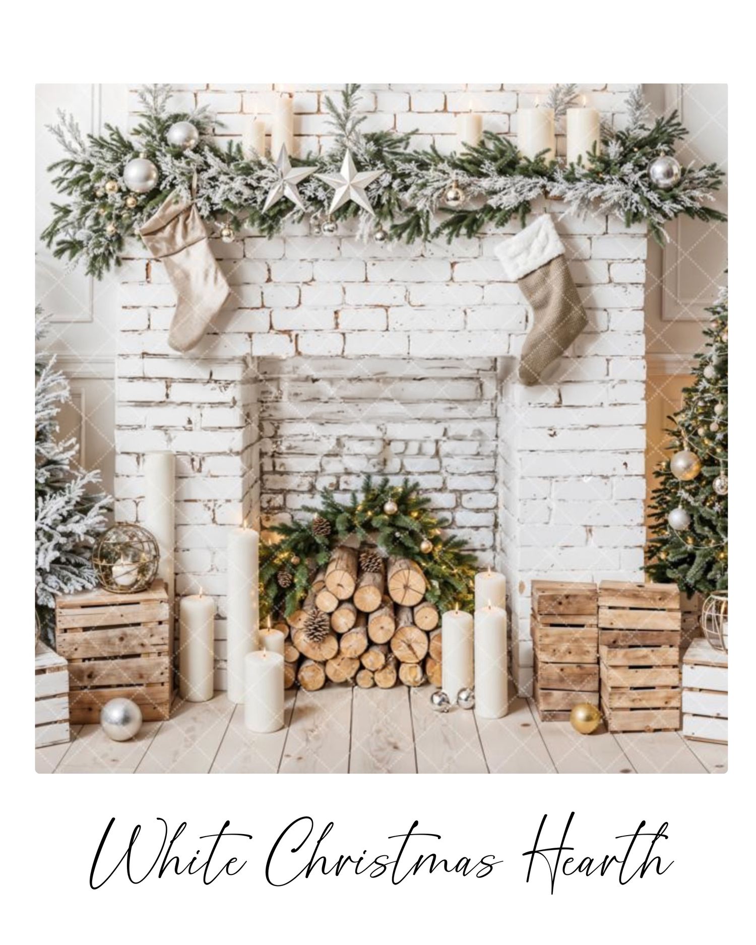 Rustic white brick fireplace decorated with greenery garland, stockings, wooden crates and stacked firewood for Christmas.