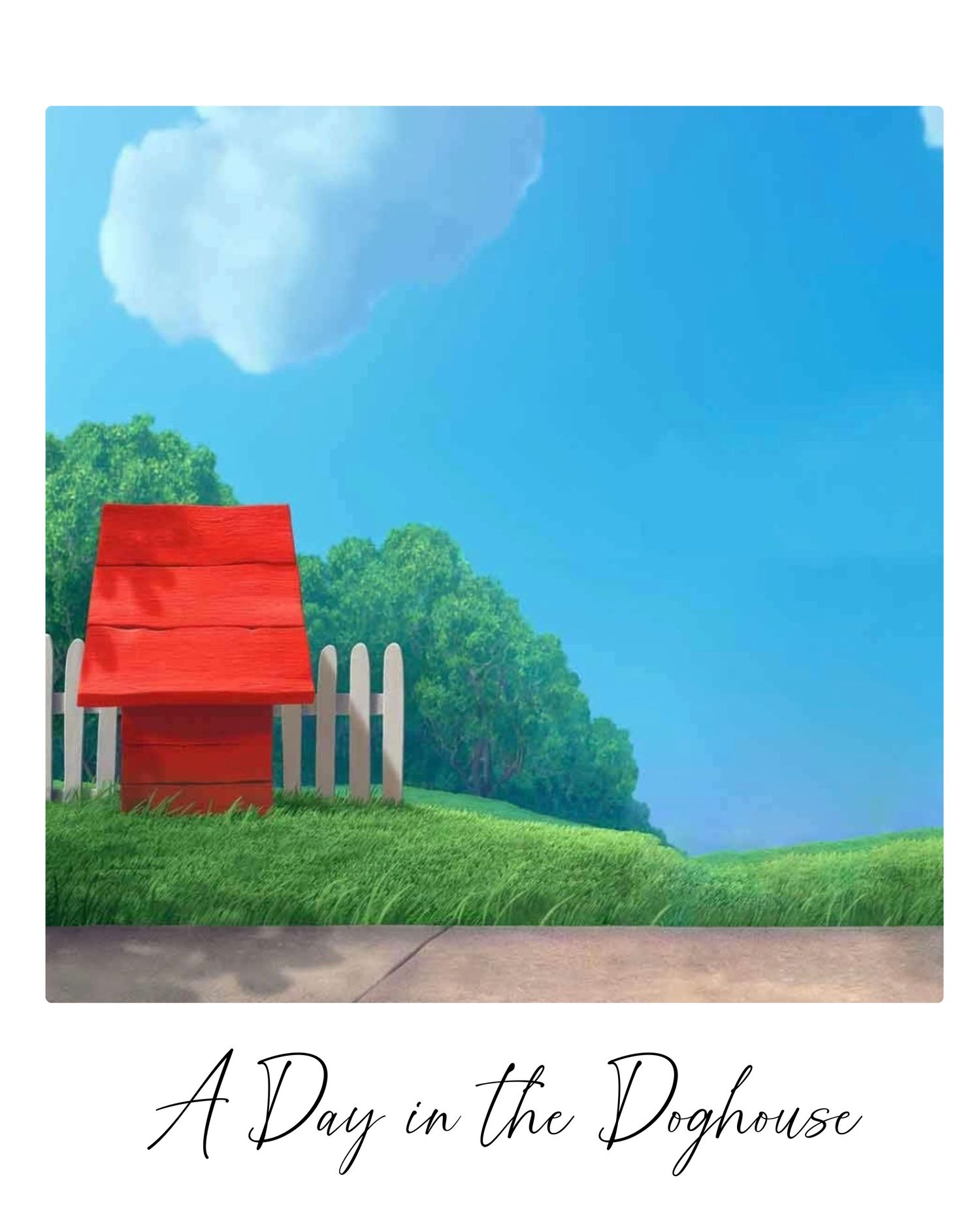 A red doghouse sits on a grassy hill against a bright blue sky with trees in the background.