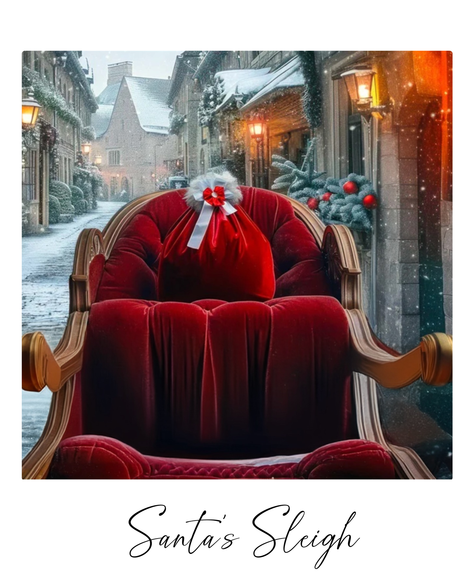 A luxurious red velvet Victorian-style sleigh sofa with ornate wooden trim sits in a cozy window nook during winter.