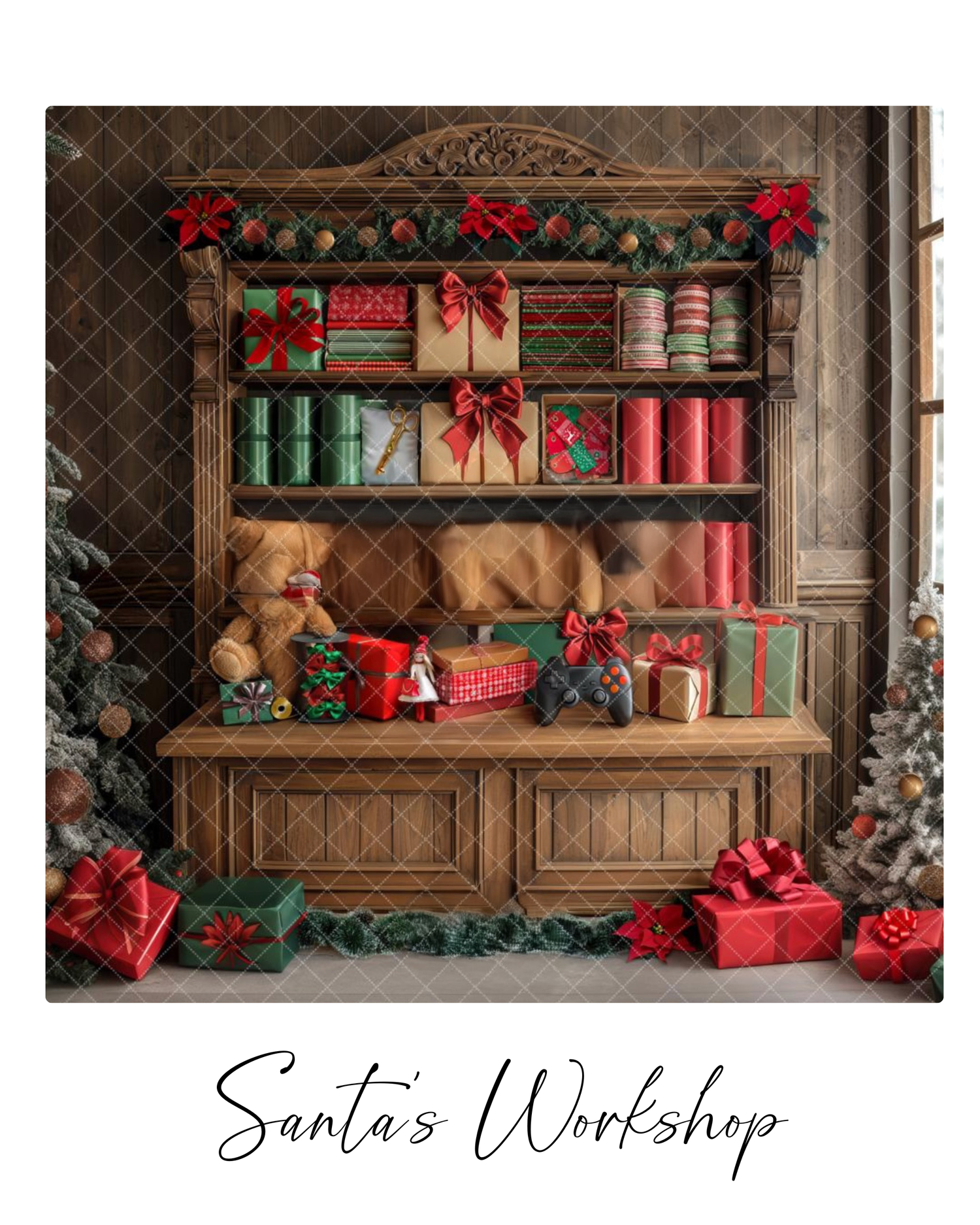 Vintage wooden hutch decorated for Christmas with wrapped presents, teddy bears, and red bows in Santa's workshop setting.