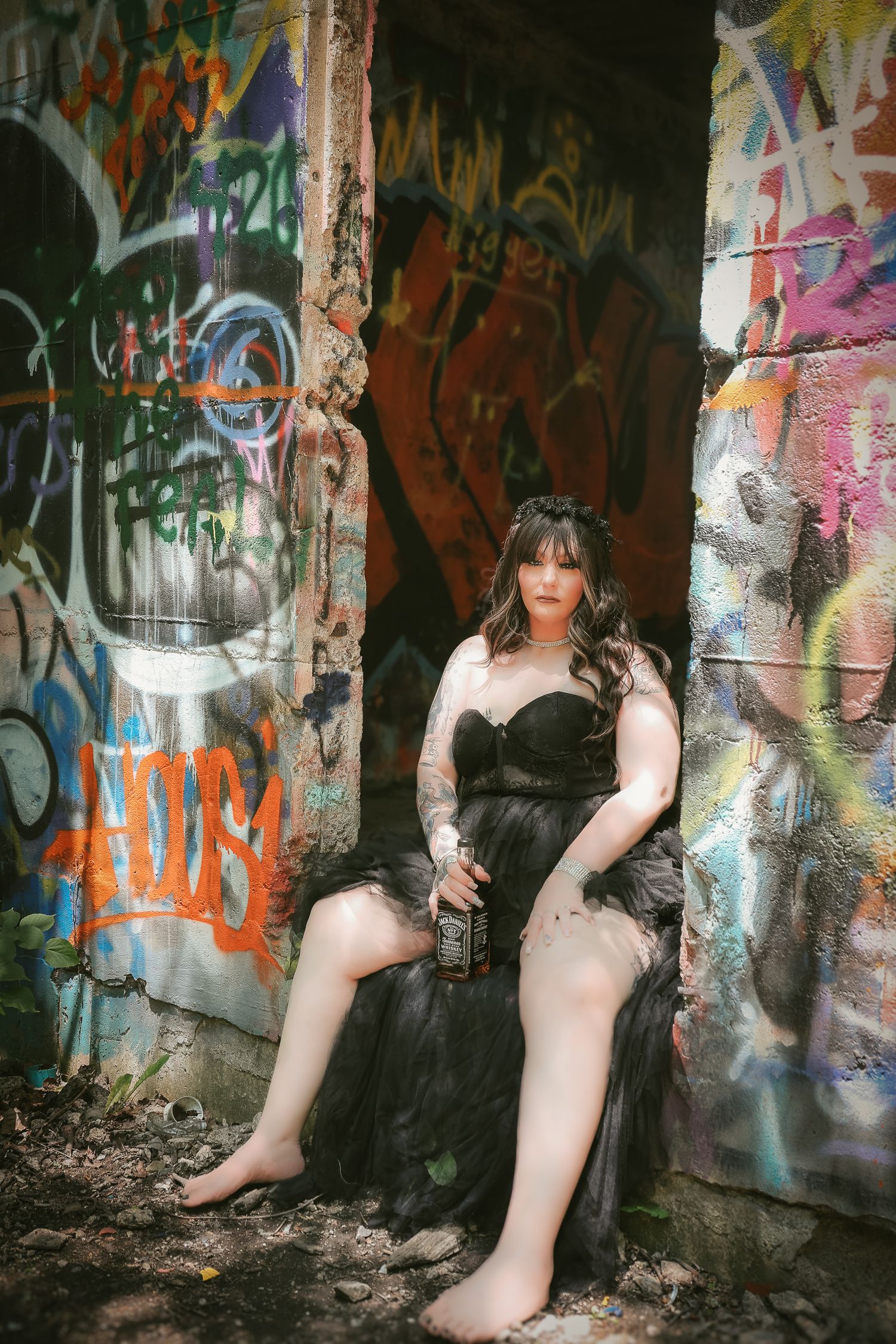 Artistic photo series showing legs against graffiti-covered walls in an urban setting, creating a moody atmospheric sequence.