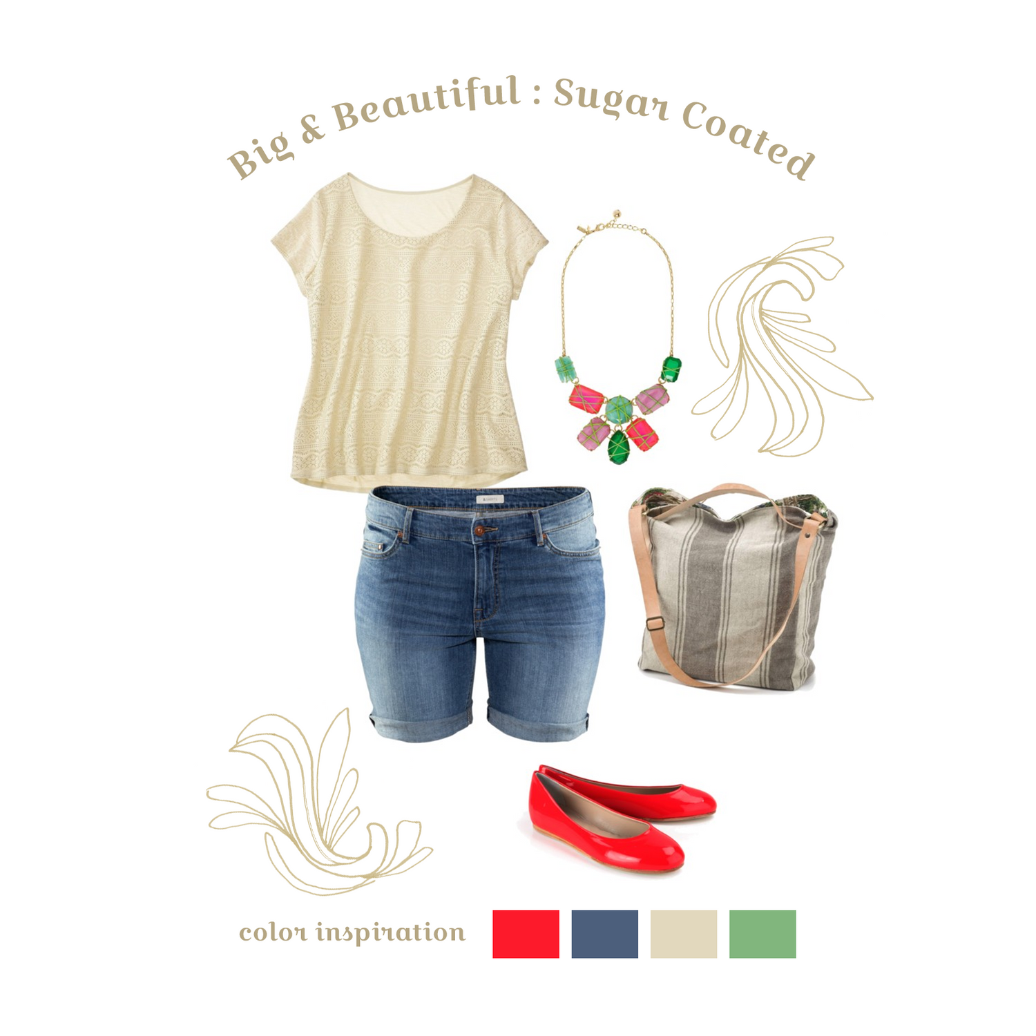 Casual summer outfit with cream top, denim shorts, red flats and canvas tote bag.