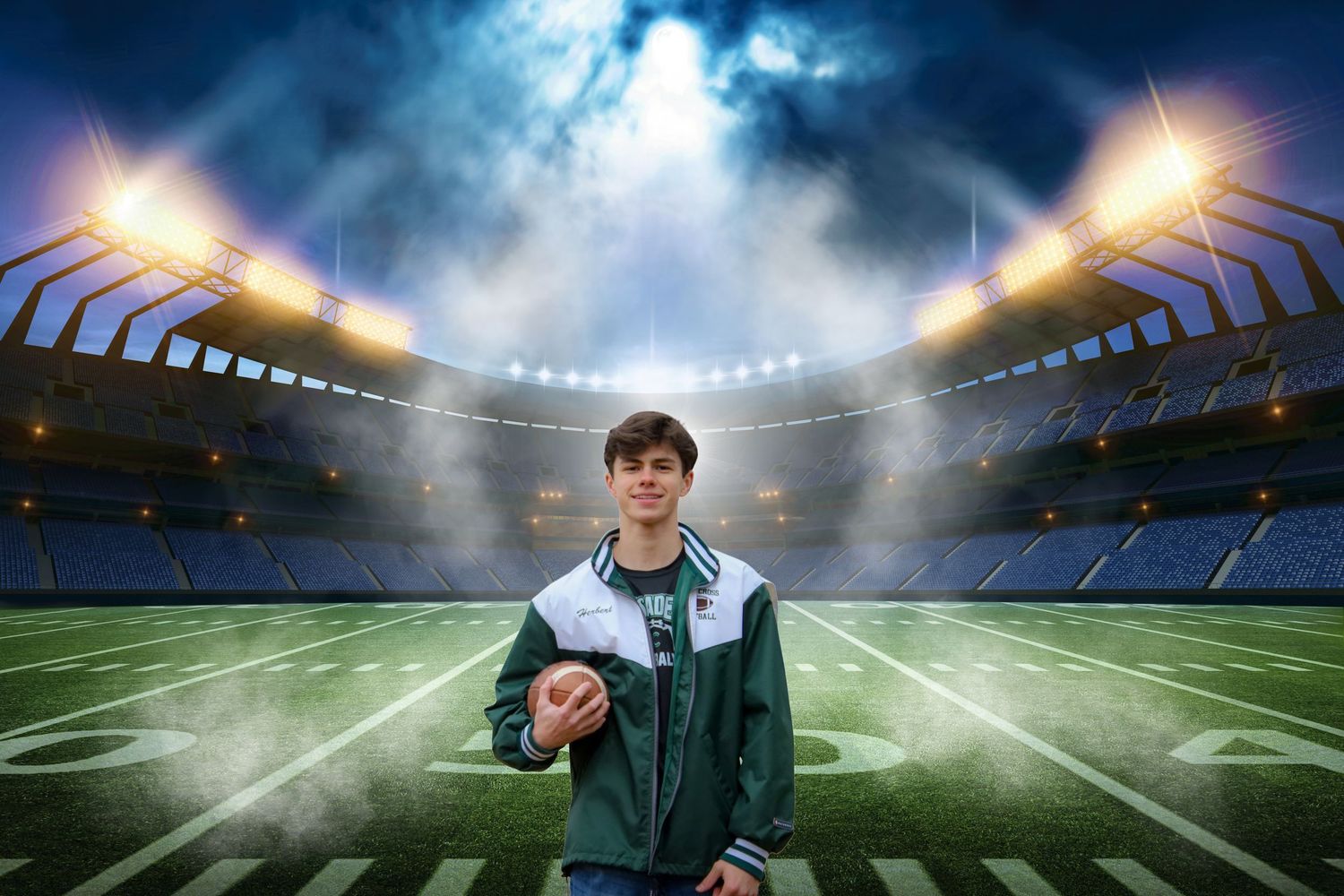 Soccer stadium at night with dramatic lighting and misty atmosphere creating a cinematic sports venue ambiance.