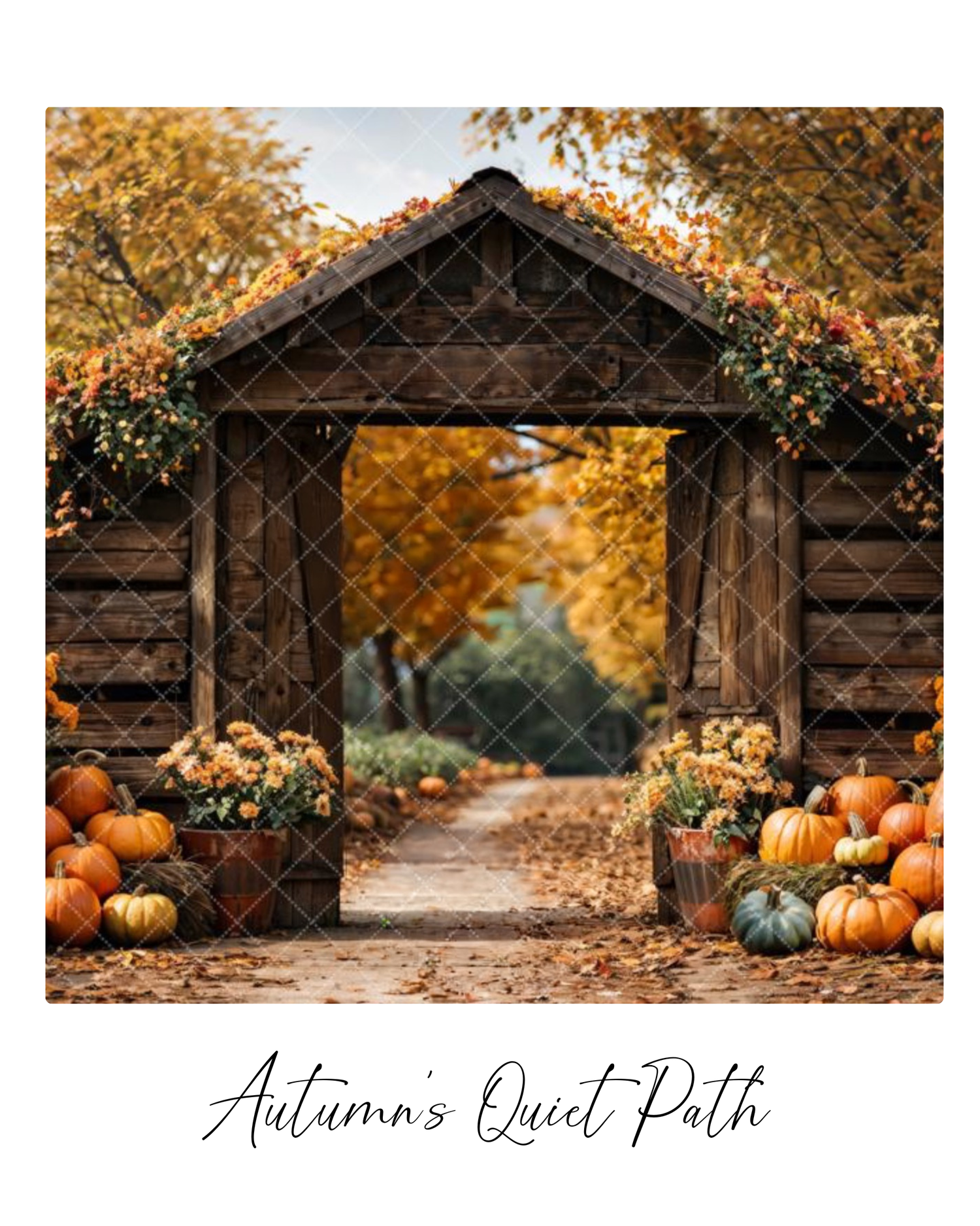 A rustic wooden shelter with pumpkins and fall foliage creating an autumn harvest display in a park setting.