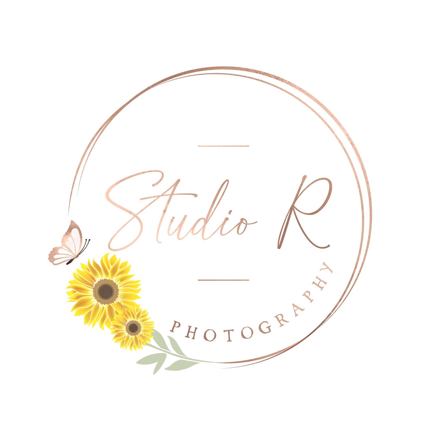A circular logo design for Studio R Photography with rose gold text and yellow sunflower accents.