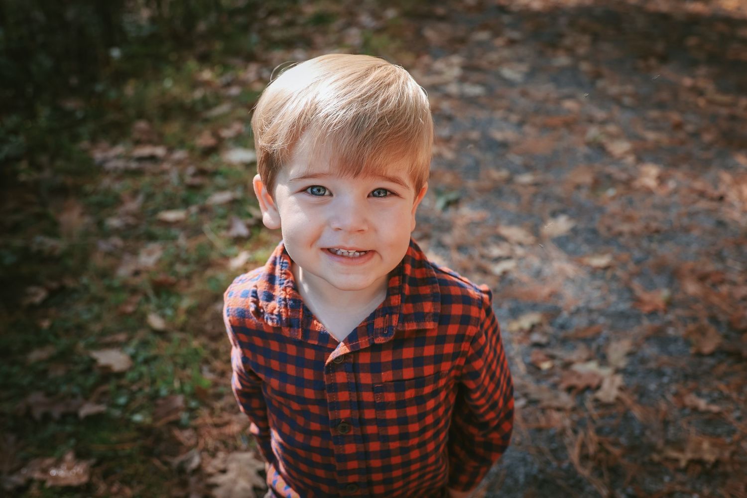 A child in a red and black buffalo plaid shirt plays outdoors among fallen autumn leaves.