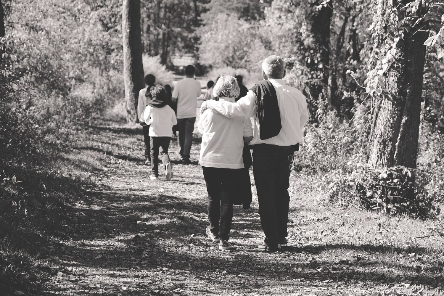 A group of people walk together on a nature trail through a wooded area on a sunny day.
