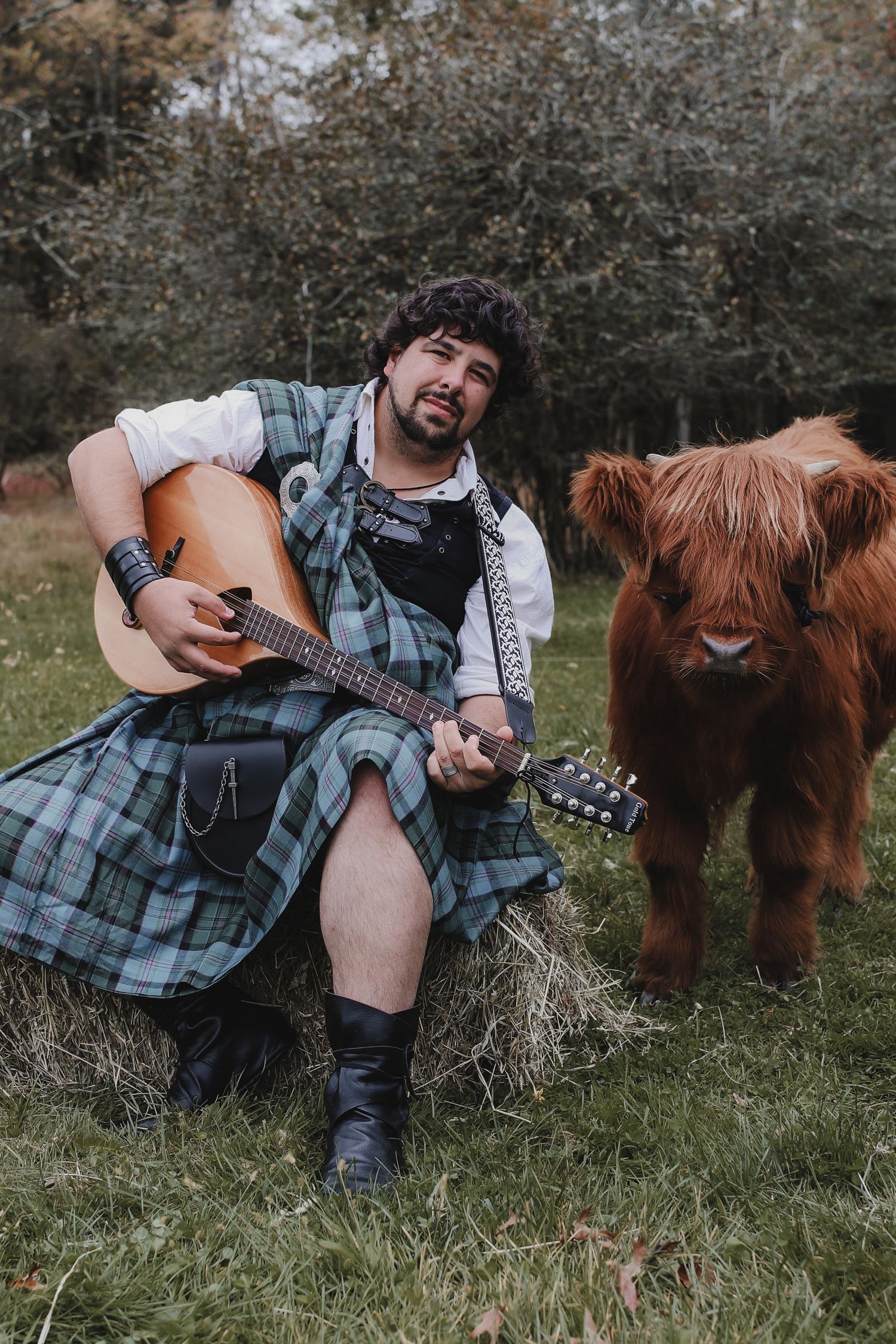 A musician plays acoustic guitar while sitting in a grassy field next to a shaggy Highland cow.