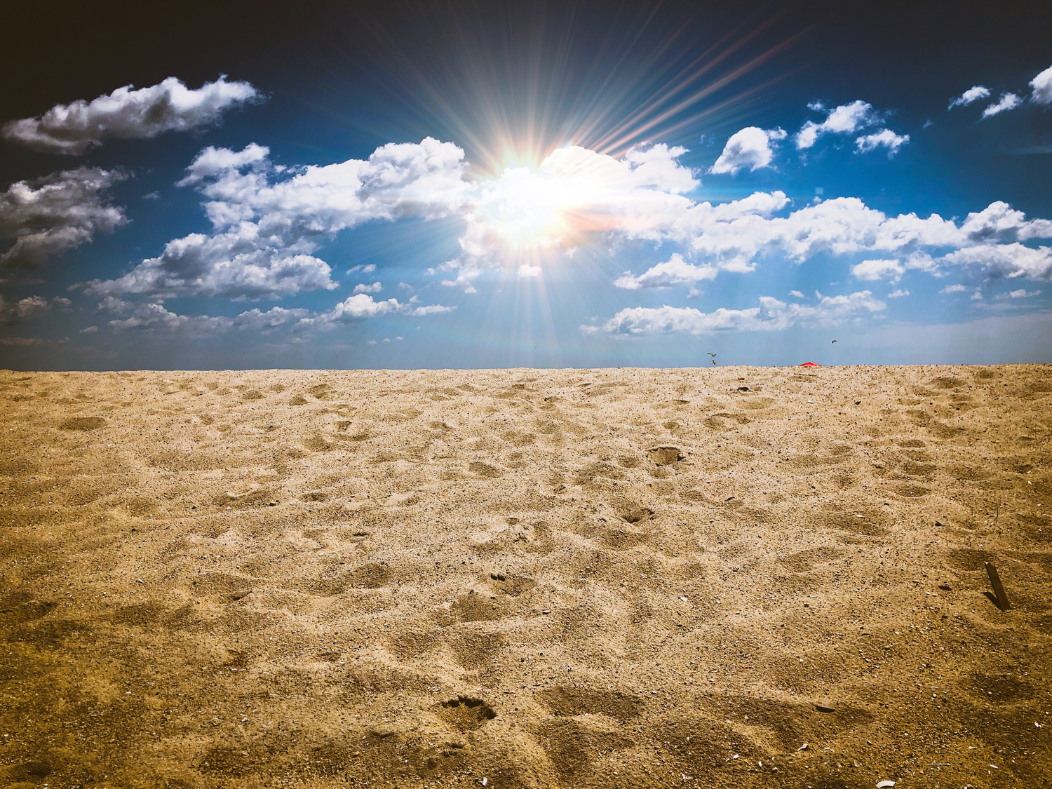 Sun-drenched sandy beach with footprints, blue sky, and white clouds on a bright summer day.