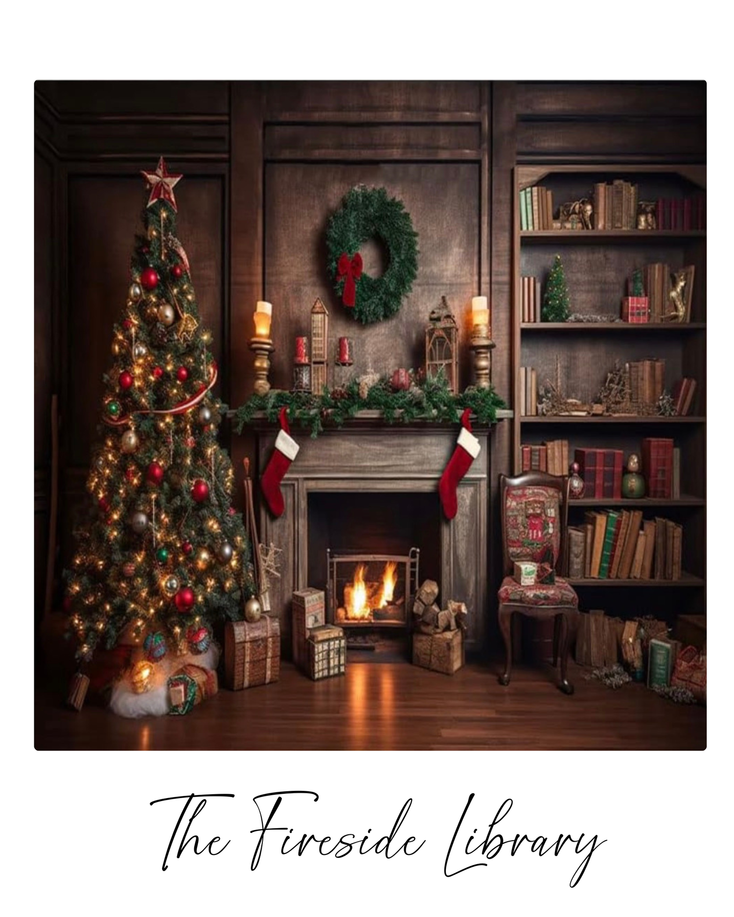 A cozy Christmas scene featuring a decorated tree, stockings by the fireplace, and bookshelves in a warm library setting.