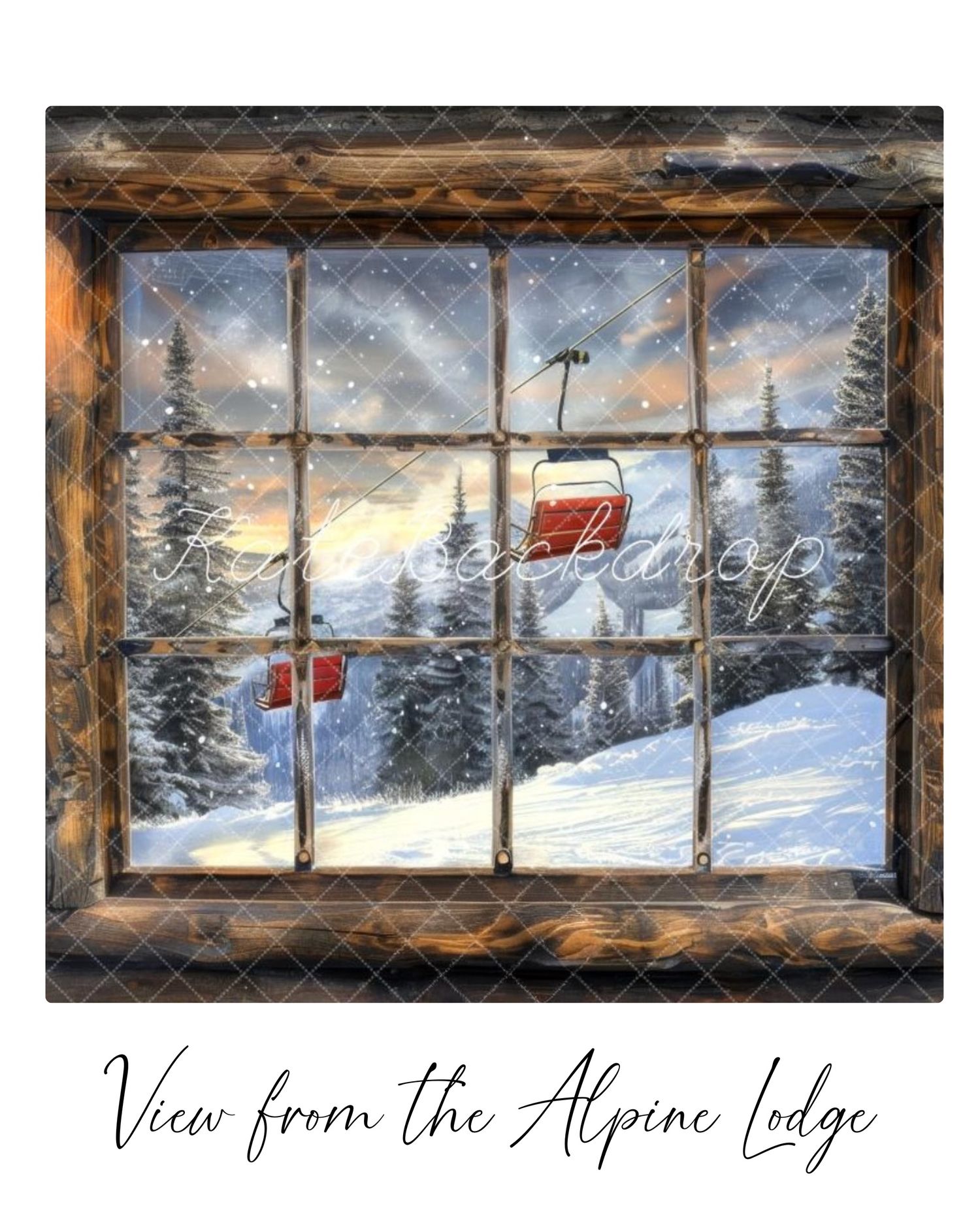 A snowy mountain landscape with ski lifts and evergreen trees viewed through a rustic wooden lodge window frame.
