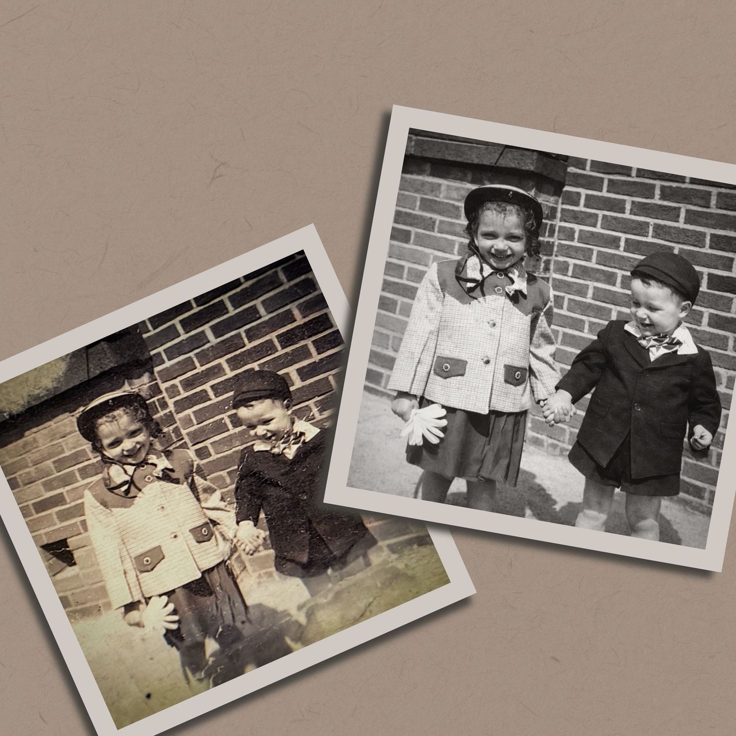 A collection of vintage black and white photographs arranged in an overlapping row against a neutral background.