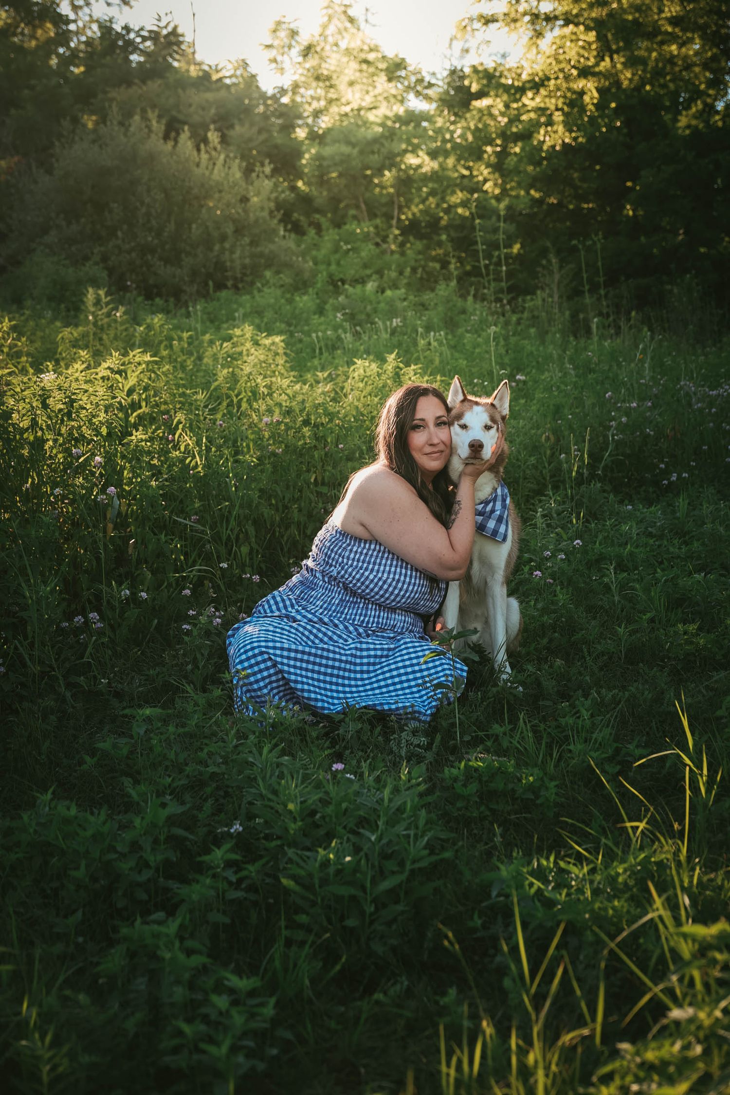 Woman in blue checkered dress hugging a Siberian Husky dog in a lush green meadow at golden hour.