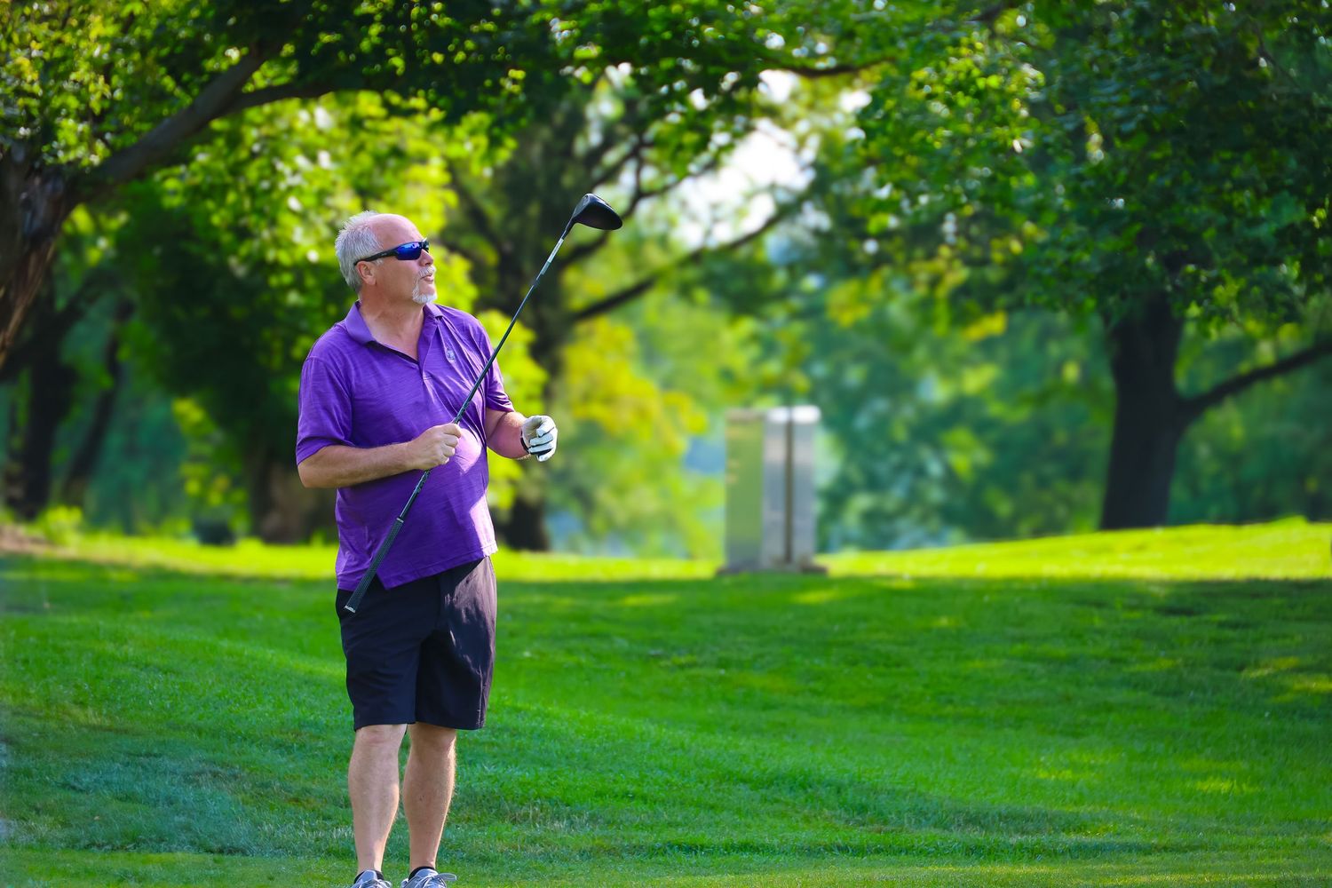 A person in purple athletic wear plays disc golf on a sunny day in a grassy park setting.