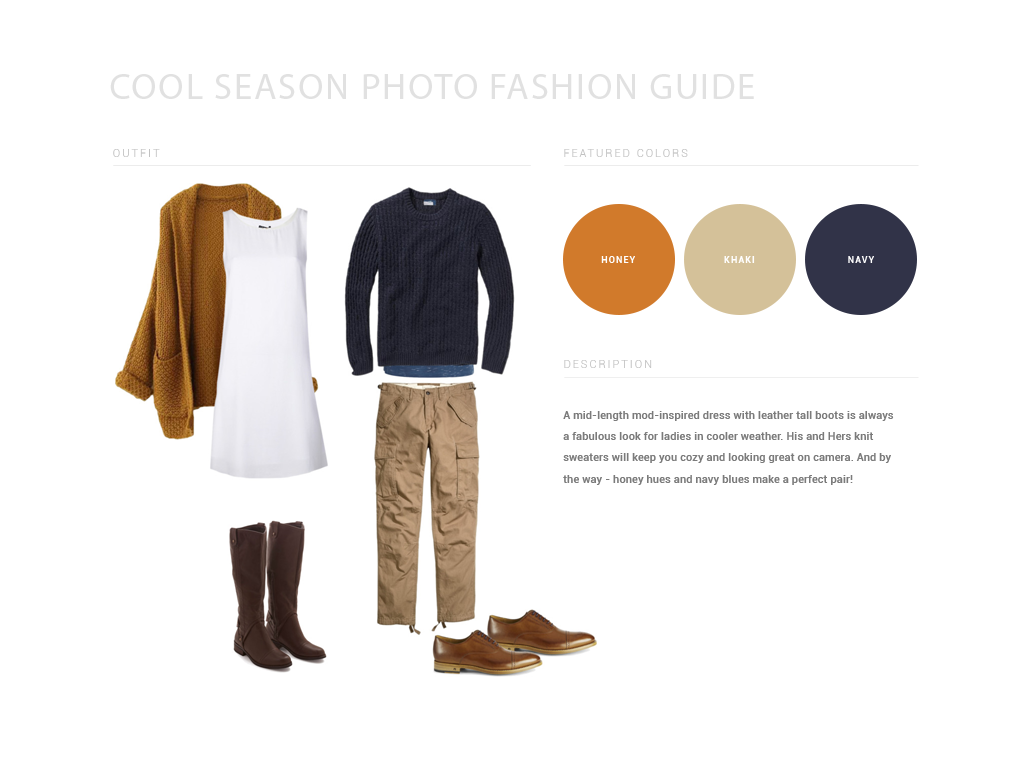Neutral fall outfit layout featuring brown cardigan, white shirt and khaki pants with color swatches.