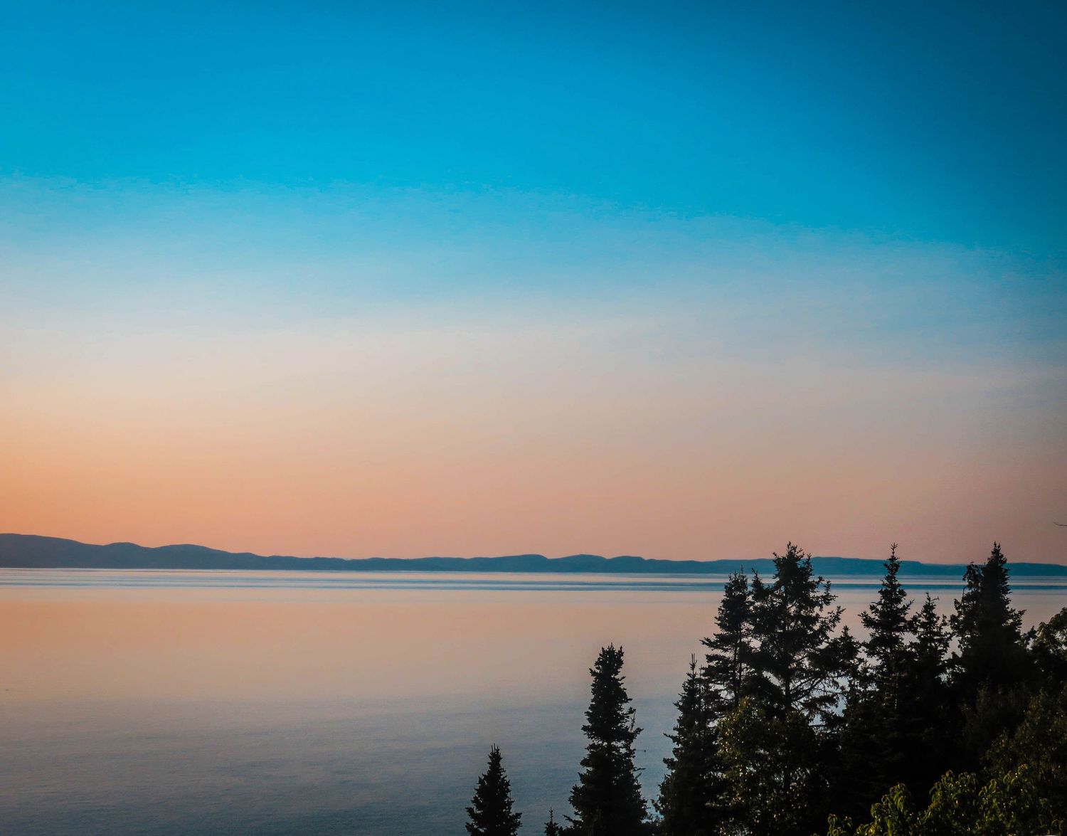 Peaceful lakeside sunset with evergreen trees silhouetted against a pastel sky.