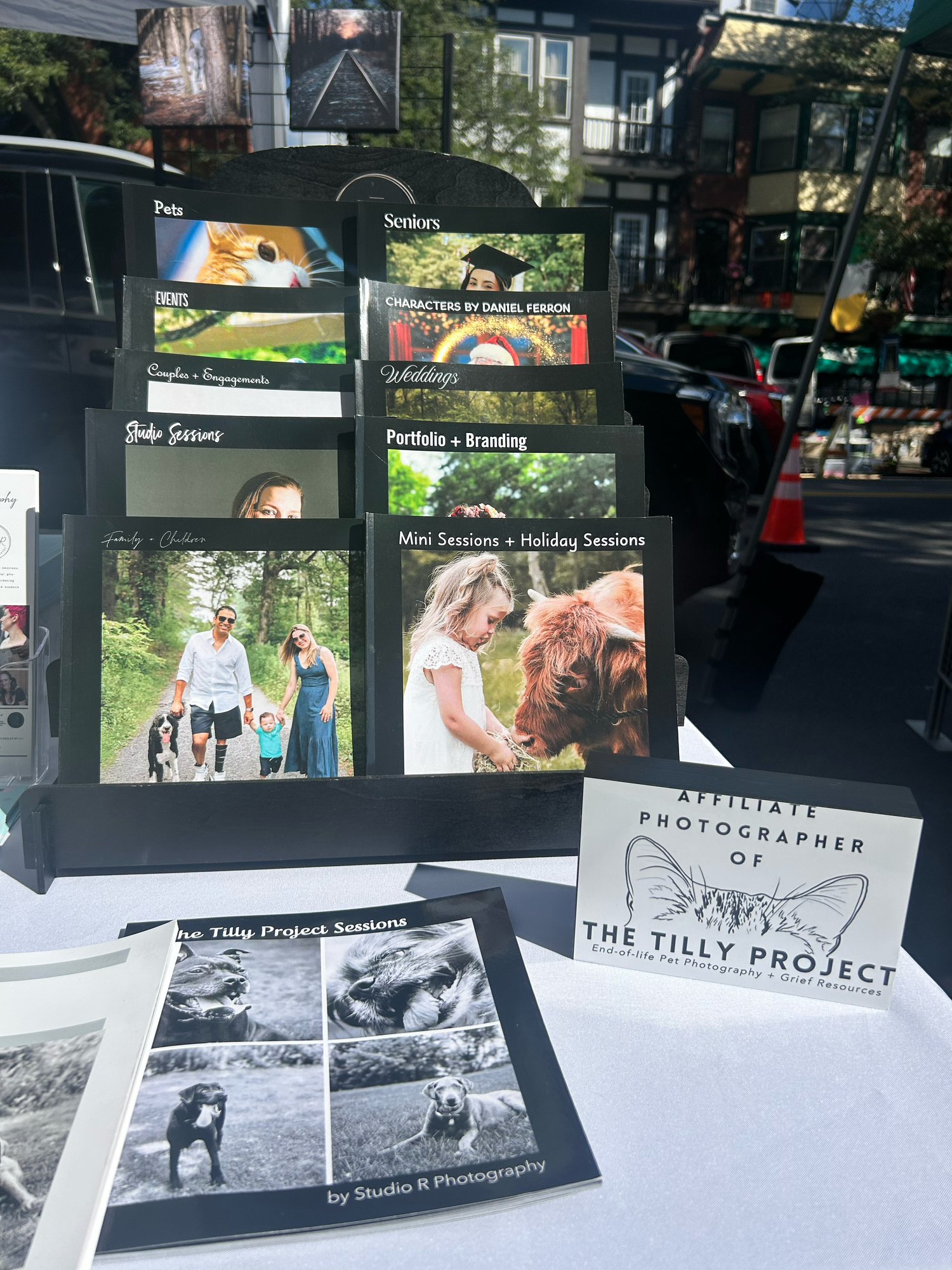 Photo exhibit display showing black and white framed images with informational panels mounted on black stands outdoors.