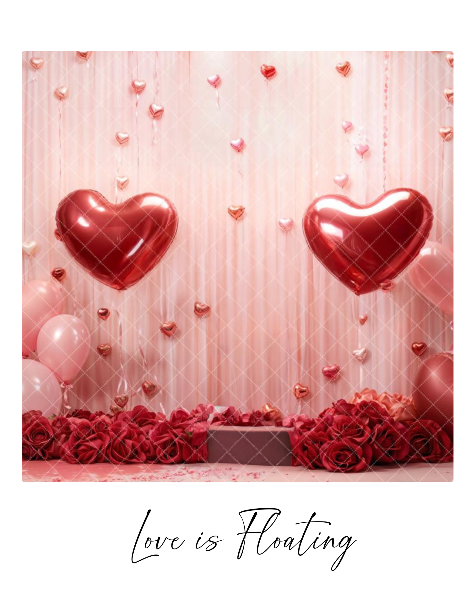 Red heart balloons float above red roses against a pink striped background in a romantic Valentine's Day design.