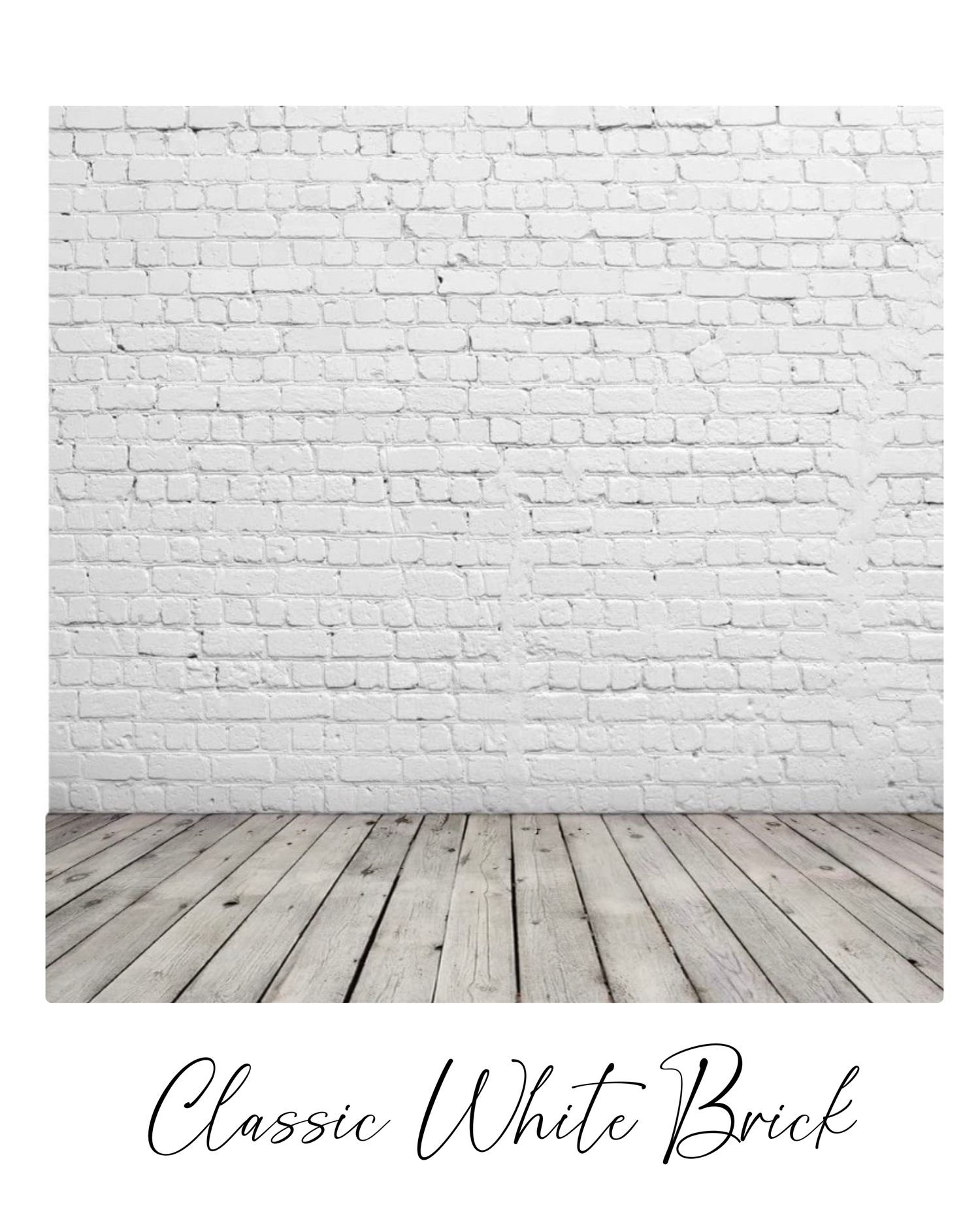 White painted brick wall with light gray wooden floorboards creates a minimalist interior backdrop.