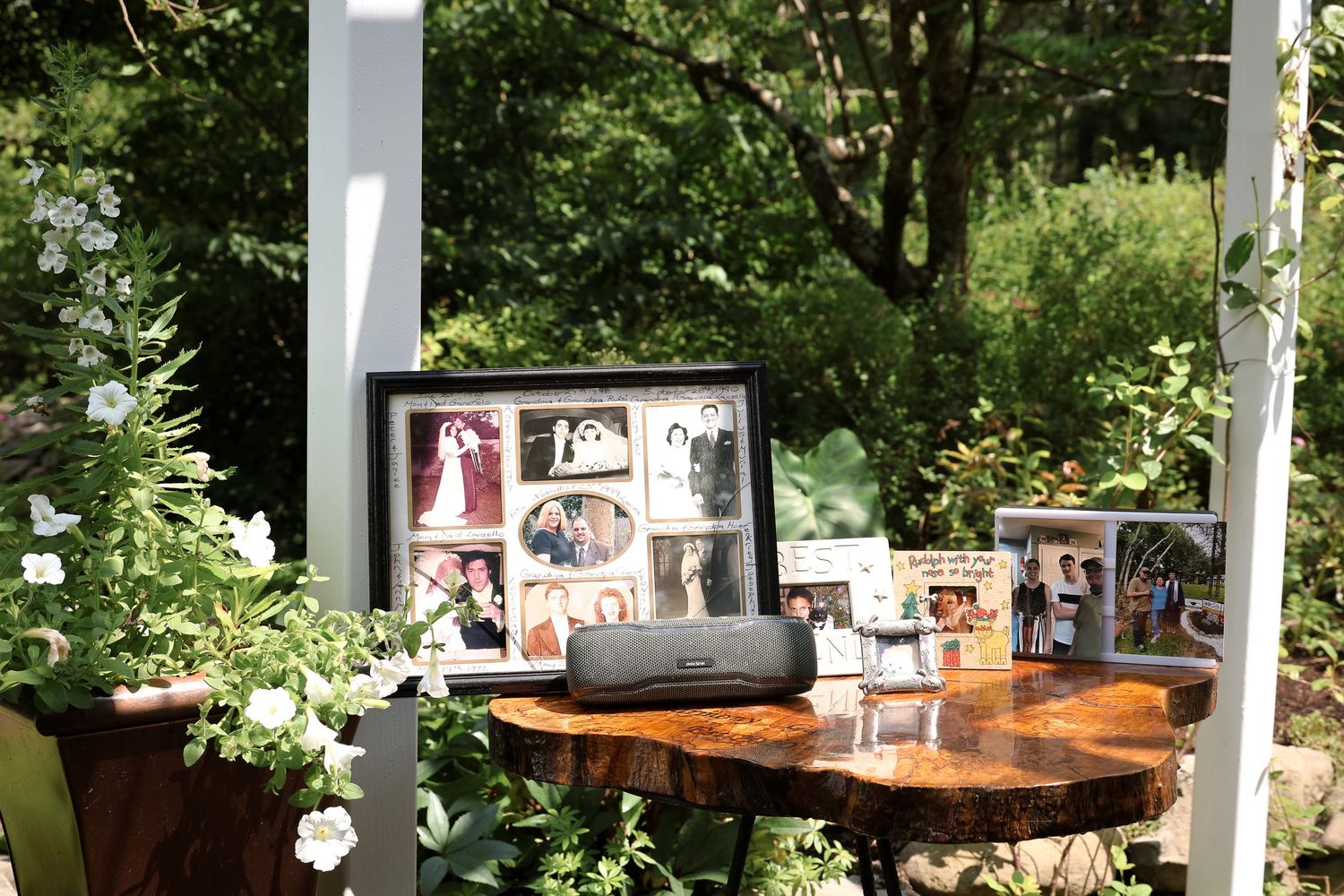 A rustic outdoor dining area with wooden tables and white pillars surrounded by lush green garden foliage.