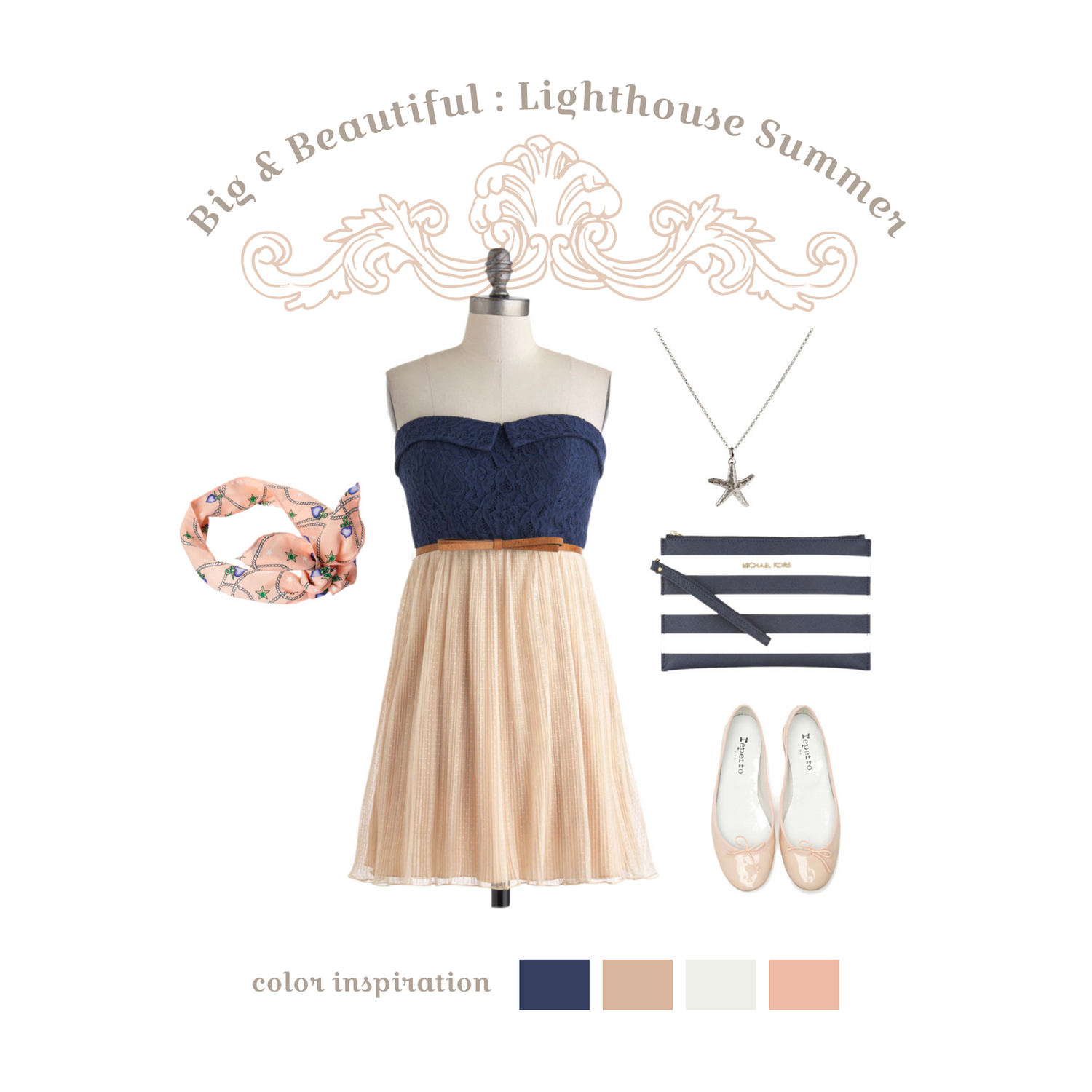 Navy and beige strapless dress with floral headband, striped clutch and white ballet flats.