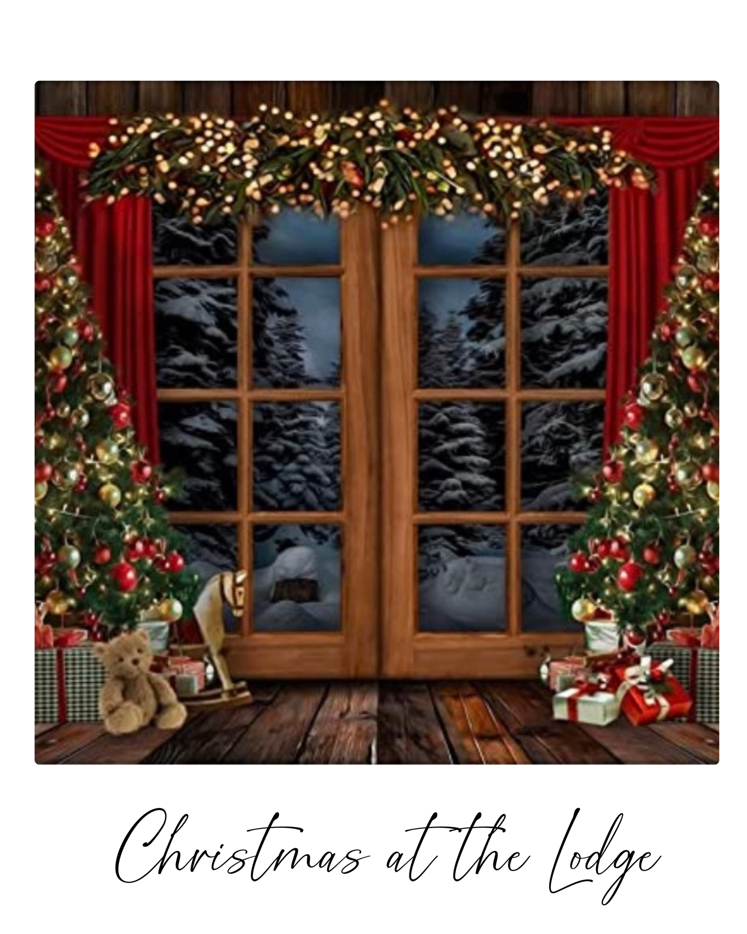 A cozy Christmas lodge interior with wooden beams, red curtains, and twinkling lights framing snowy windows.