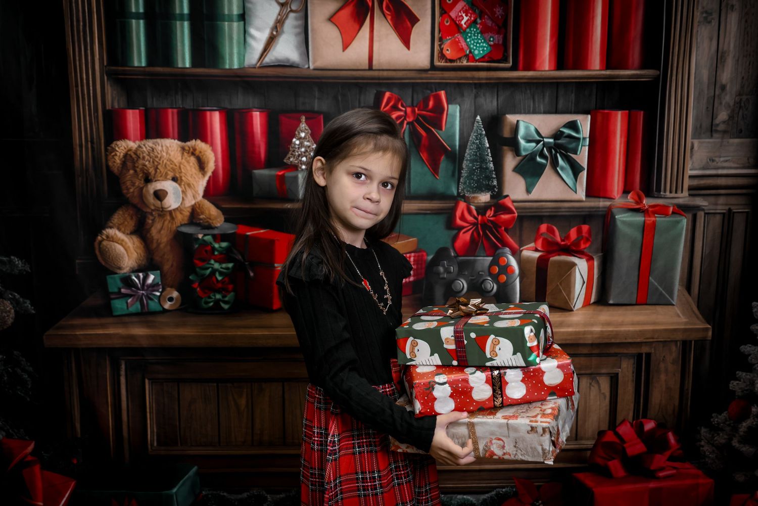 A series of holiday photos featuring plaid decor, wrapped presents, and teddy bears in a cozy Christmas setting.