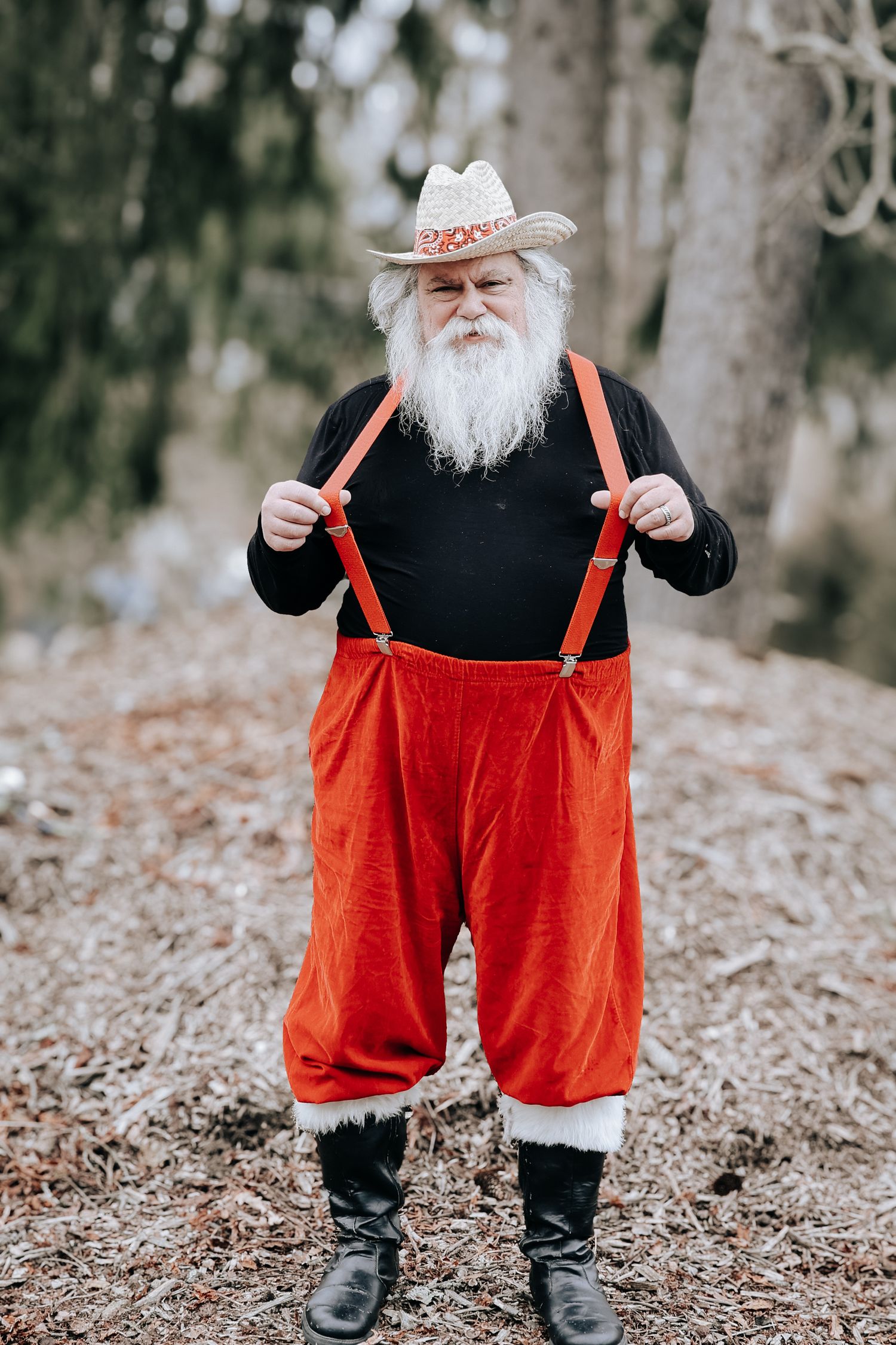 A series of photos showing red overalls and black boots against a forest floor covered in fallen leaves.