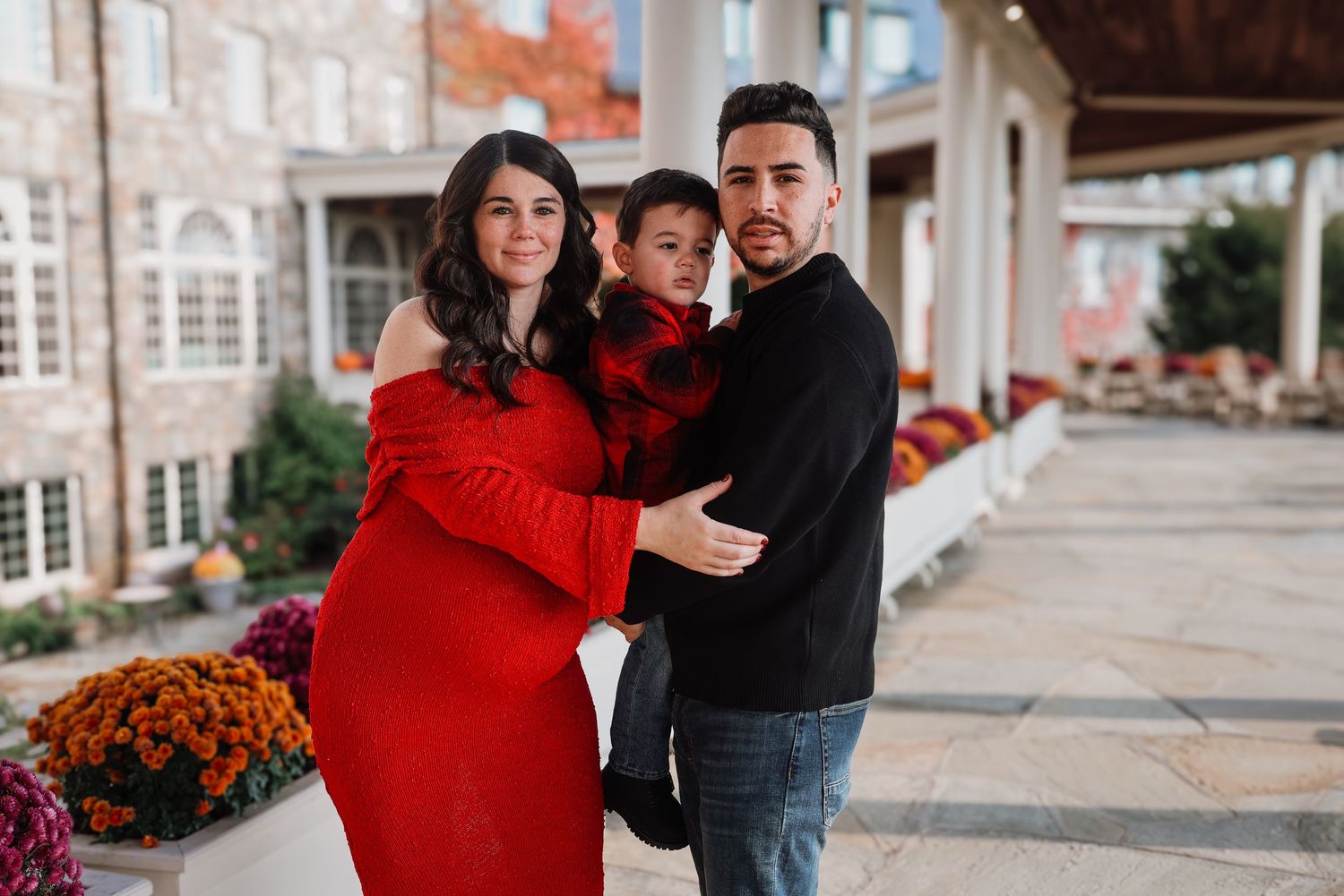 A couple in red and black outfits pose together in a romantic outdoor photoshoot collage.