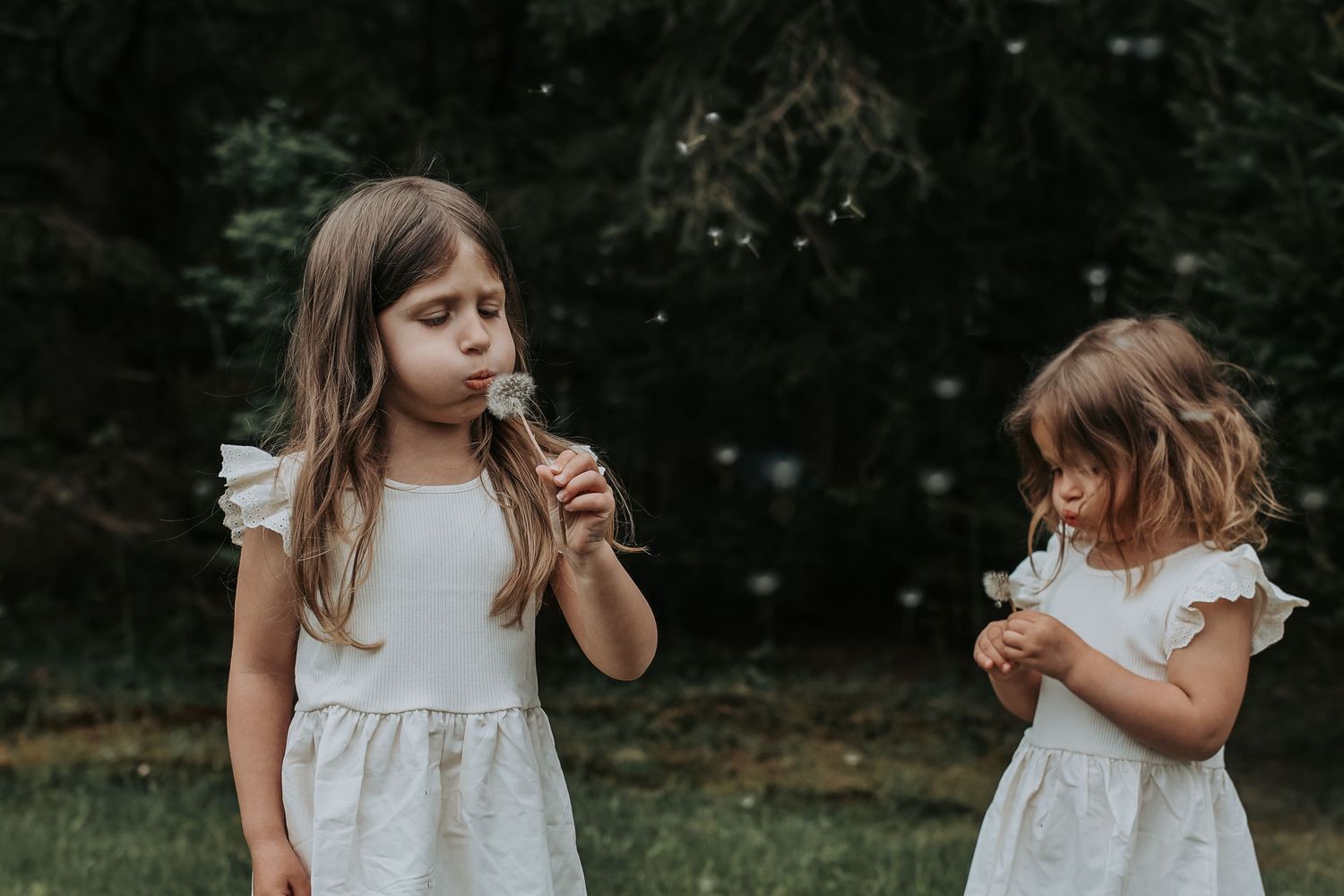 A sequence of photos shows a young child in a white dress walking and playing in an outdoor garden setting.