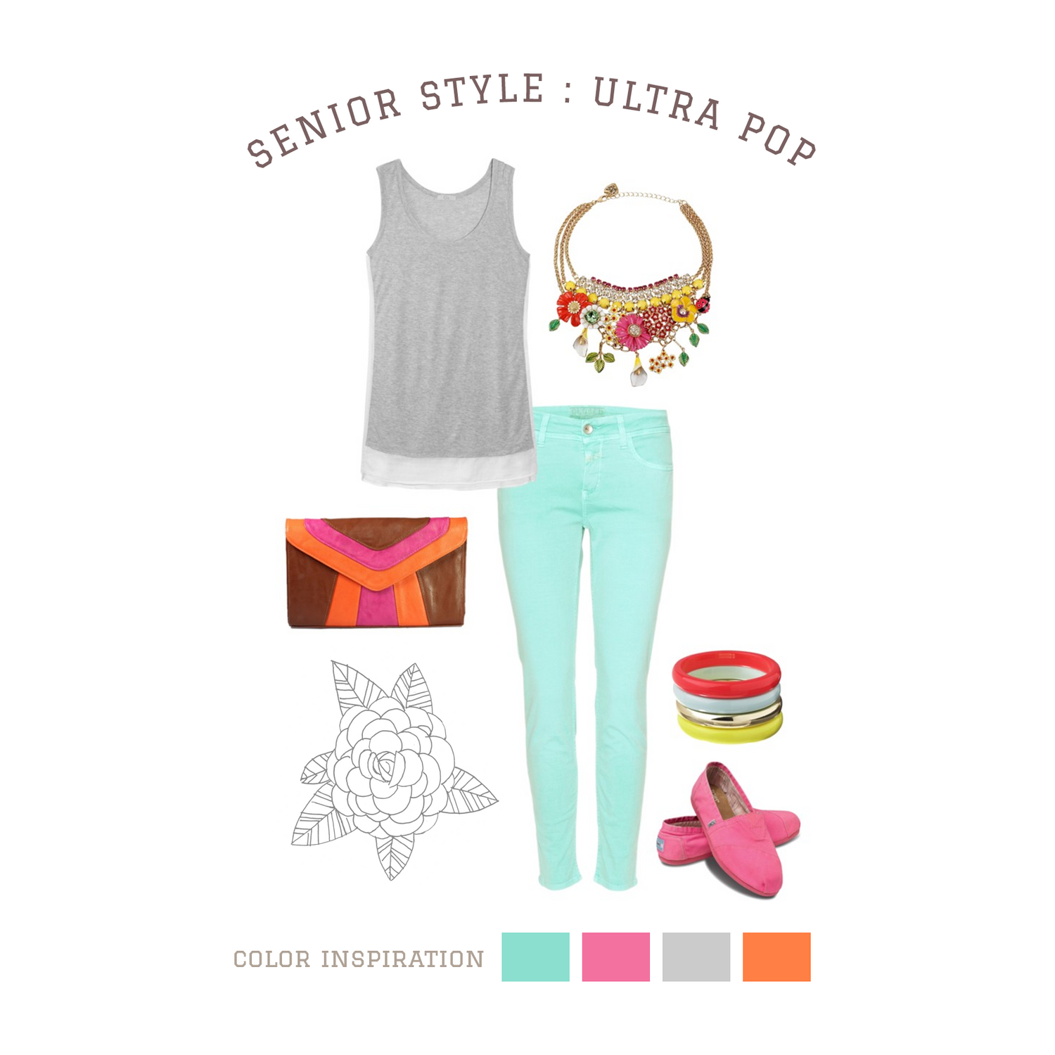 Summer outfit with mint jeans, gray tank top, floral necklace, coral clutch and colorful bangles.