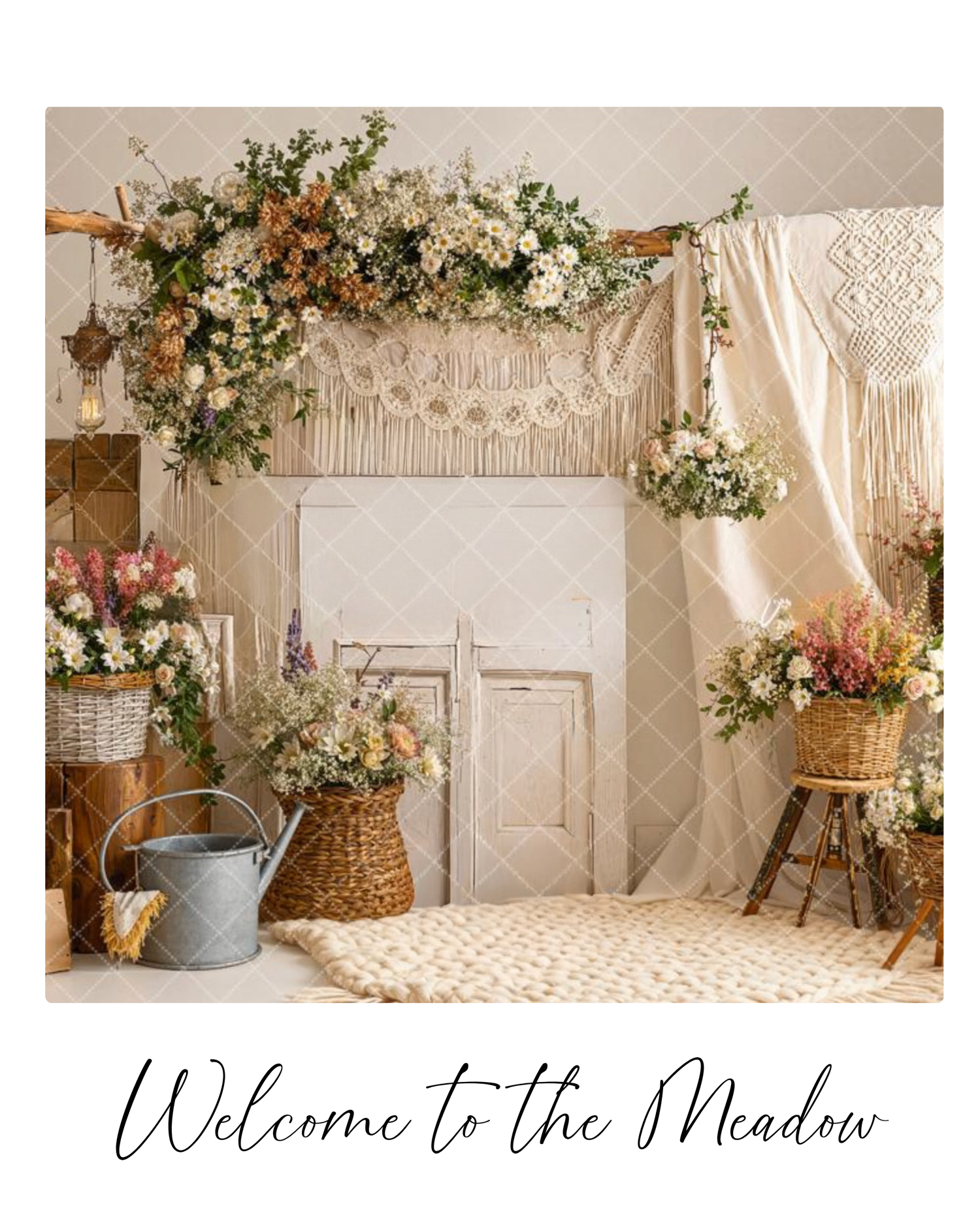 Rustic boho wedding backdrop with macrame hangings, floral arrangements and 'Welcome to the Meadow' signage.