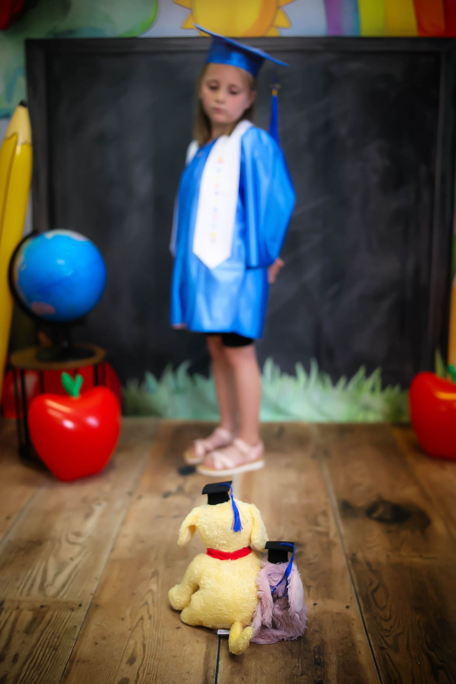 A young girl in a blue graduation cap and gown stands before a chalkboard, with a stuffed dog wearing a tiny grad cap in foreground.