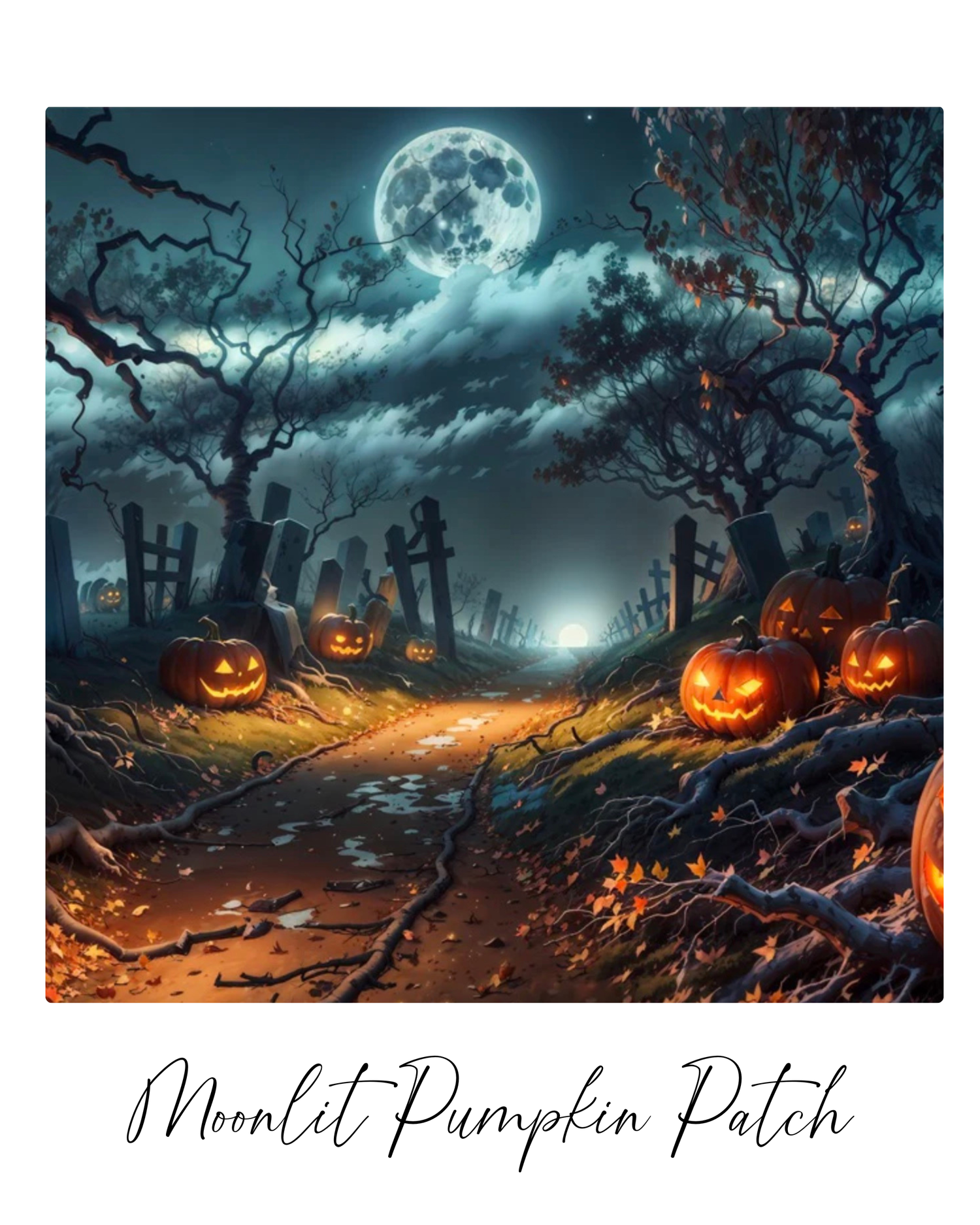 Spooky Halloween scene with glowing jack-o'-lanterns, bare trees, and a full moon casting an eerie blue light over fallen leaves.