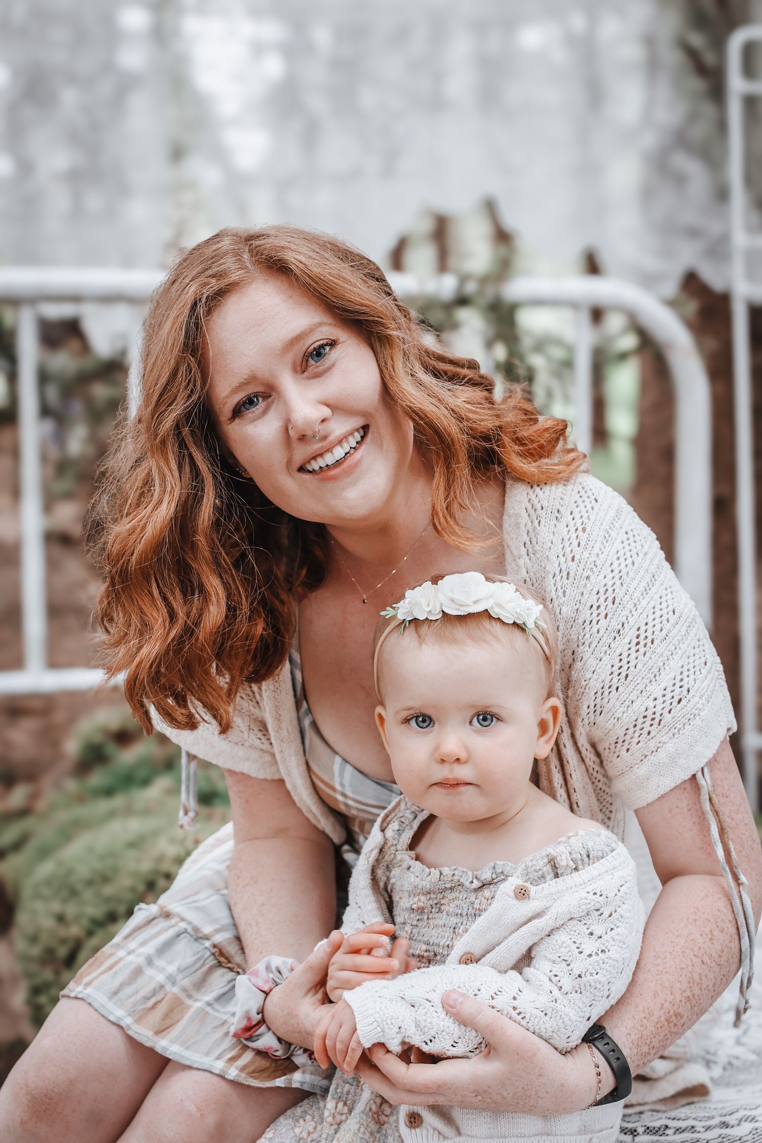 A series of tender moments captured in soft, natural light showing loving interaction between parent and child in matching white.