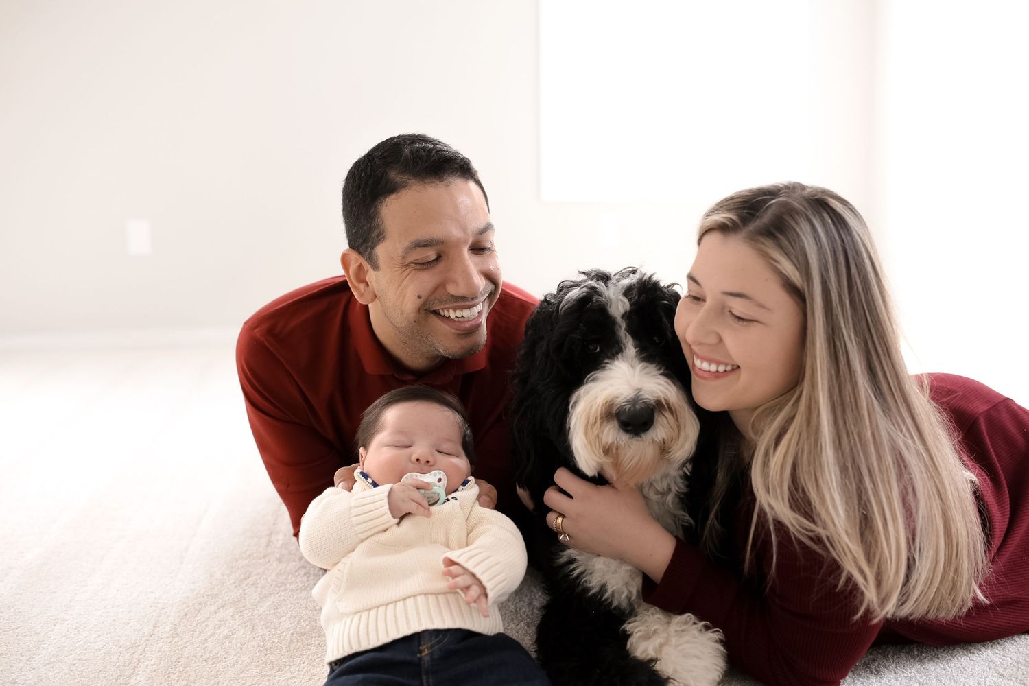A loving family with their small dog cuddles together on a white background in a photo collage.