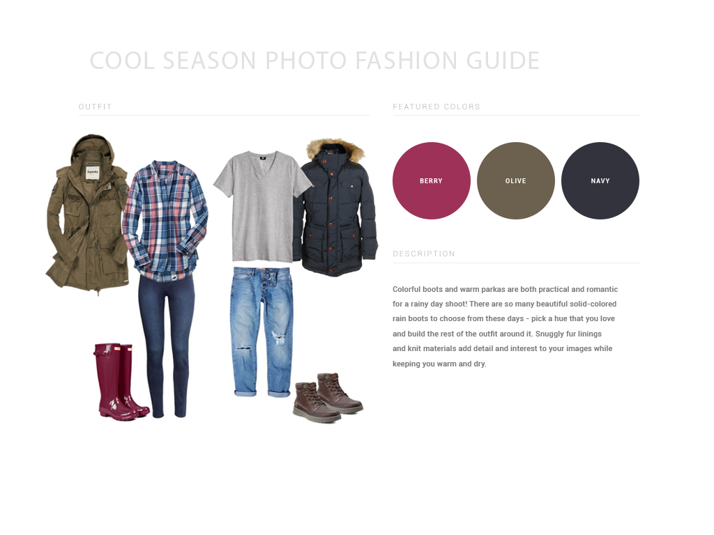 Cool season fashion guide showing olive and burgundy outerwear with coordinating color palette.