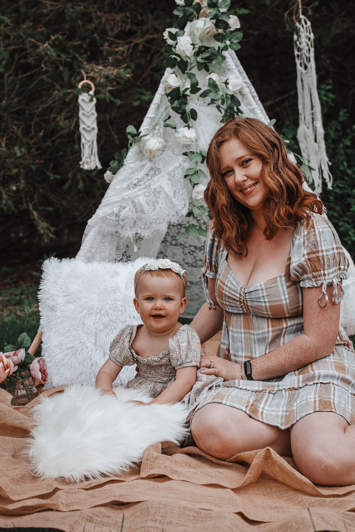 A series of five maternity photos showing a mother and child sitting on a blanket with a white teepee in the background.
