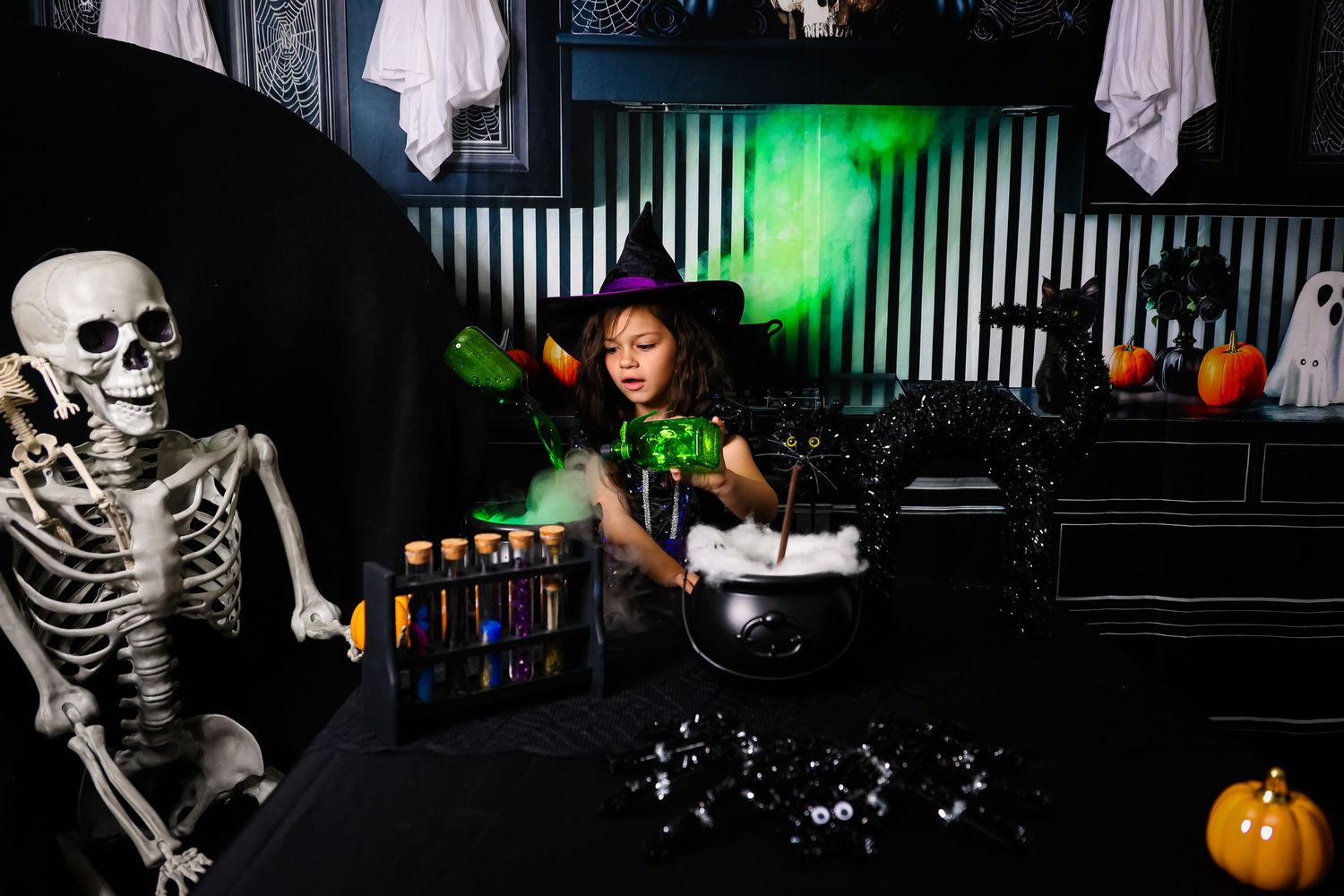 A spooky Halloween party scene with a skeleton decoration, colorful drinks, and green lighting in a dark atmospheric setting.