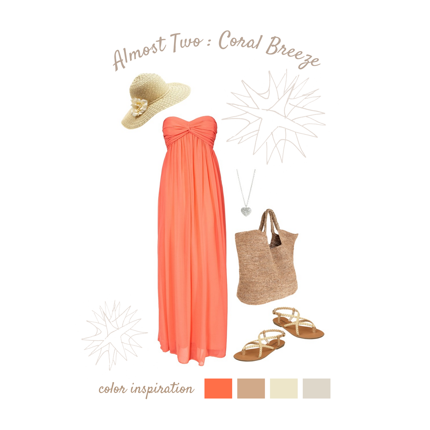 Summer fashion set with coral maxi dress, straw hat, woven beach bag, and tan sandals in beachy neutral tones.