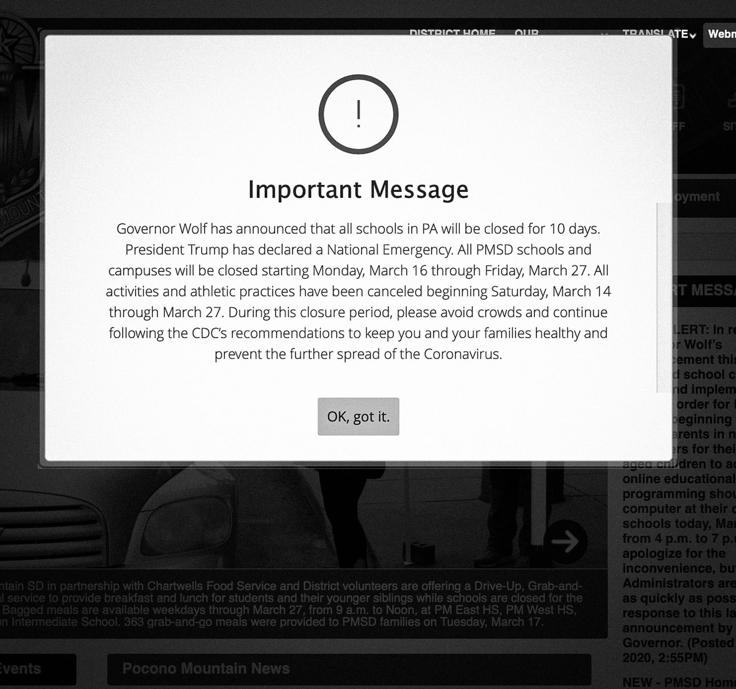 A pop-up notification shows an important message about school closures during the COVID-19 pandemic.