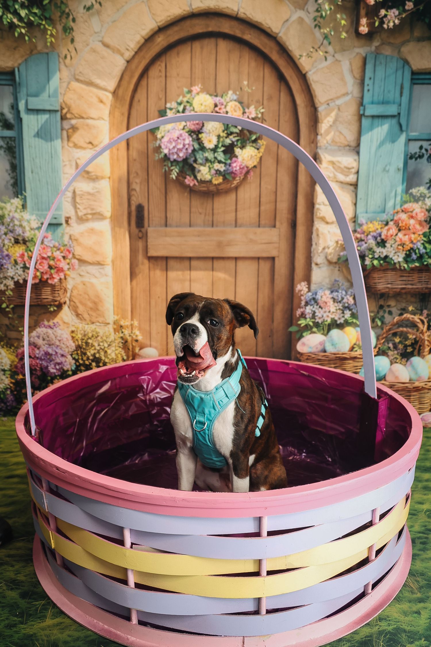 Boxer dog sitting in a large Easter basket with floral backdrop and colorful Easter eggs.