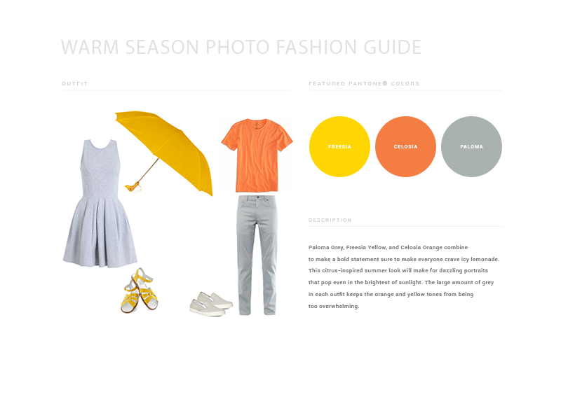 Warm season fashion guide with yellow umbrella, dress, and casual wear in bright colors.