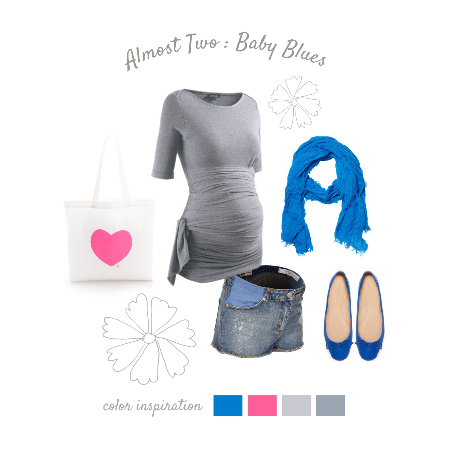 Maternity outfit featuring gray ruched dress, blue scarf, denim shorts, blue flats and white tote with heart design.